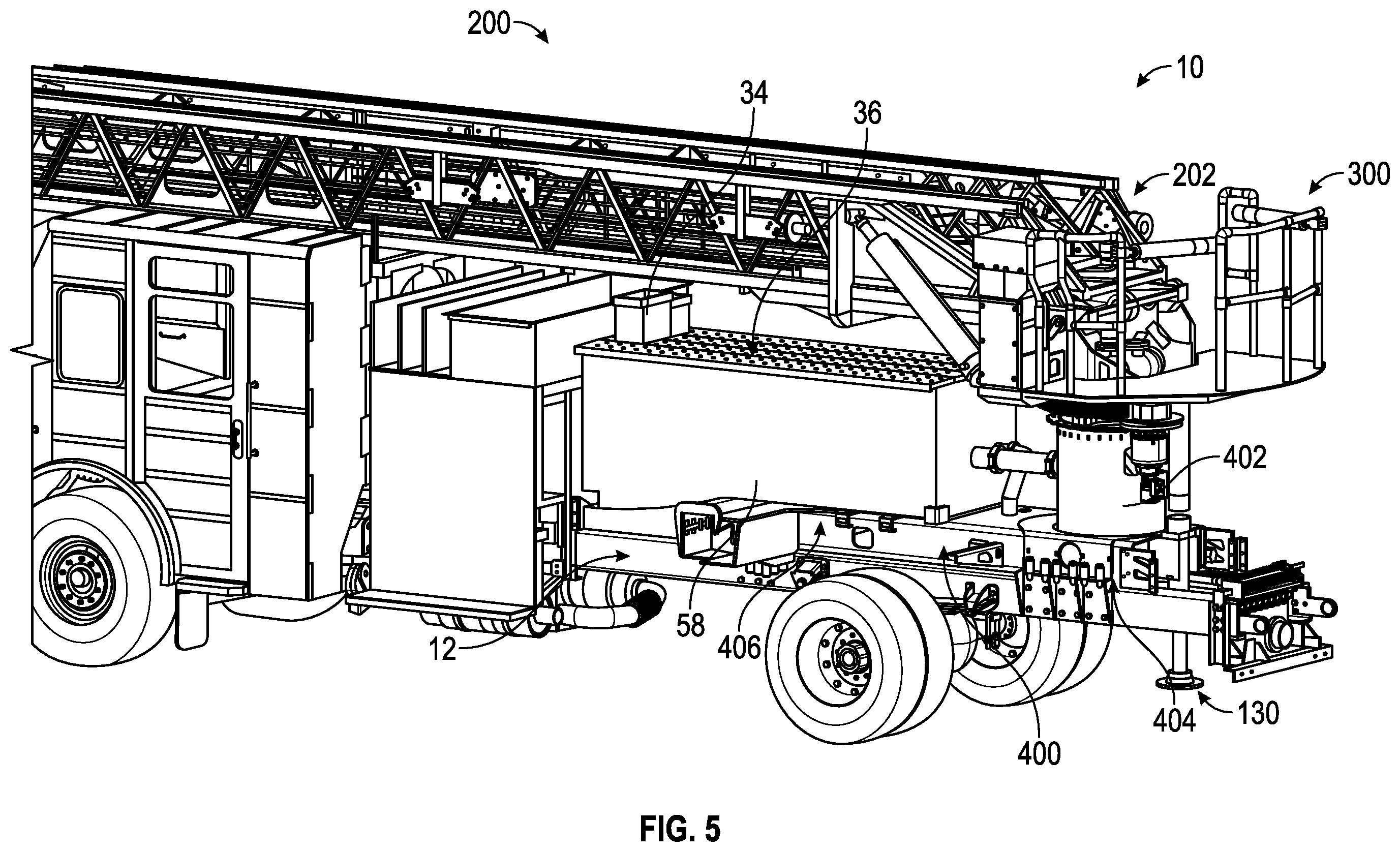 Patent US12365571 Figure 5 – Ladder and turntable assembly for a fire apparatus