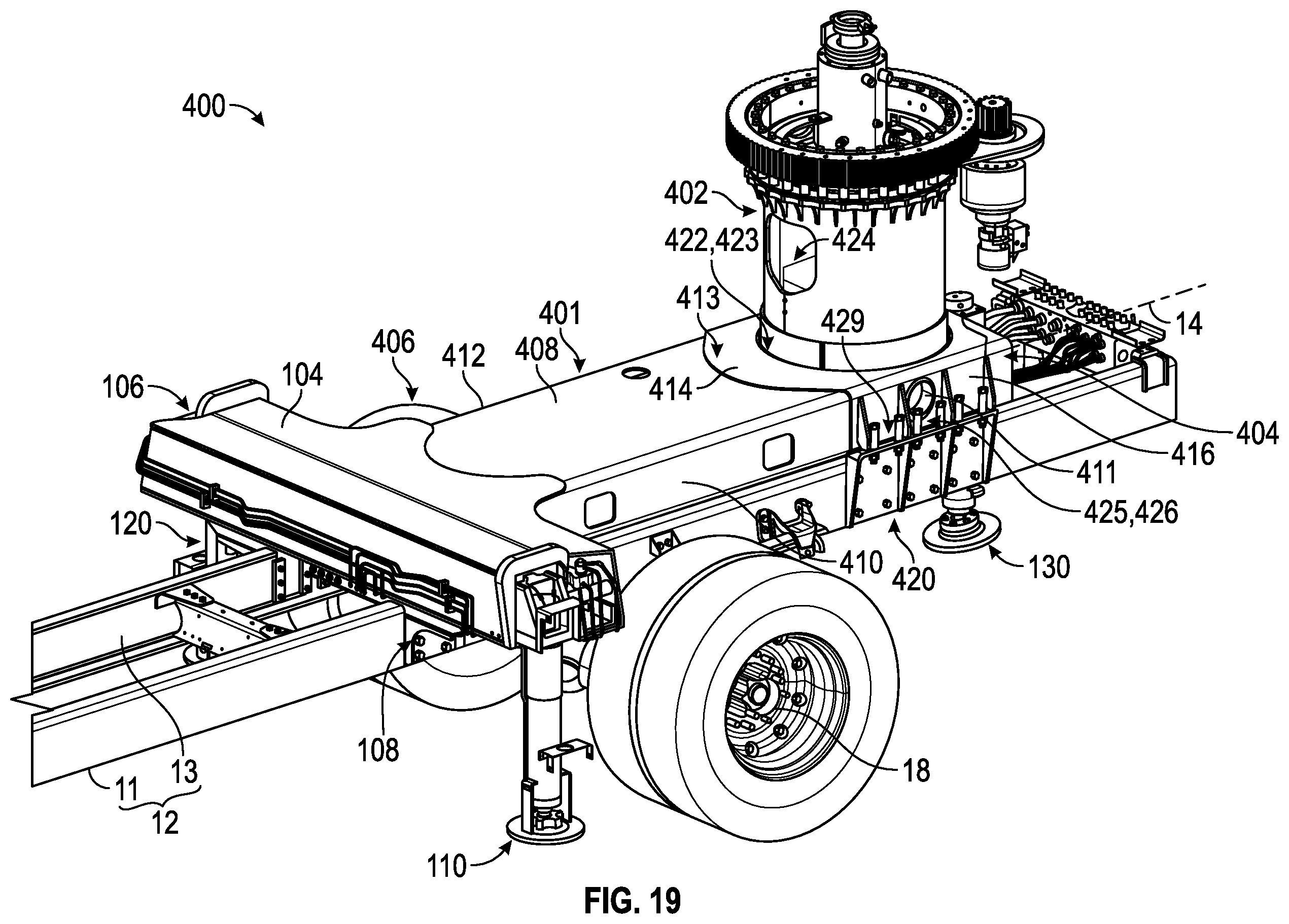 Patent US12365571 Figure 18 – Ladder and turntable assembly for a fire apparatus