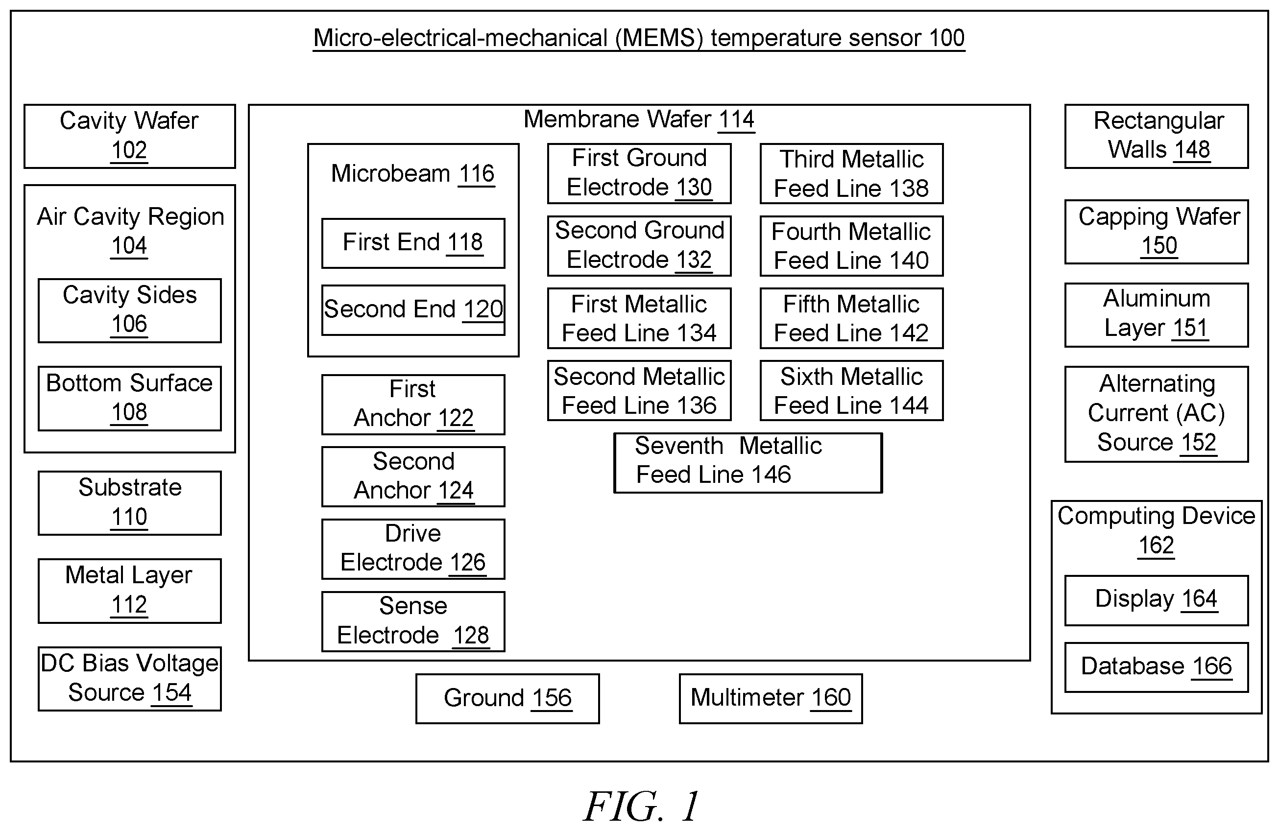 Patent US12365580 — Compact enhanced sensitivity temperature sensor using an encapsulated clamped-clamped MEMS beam resonator — Figure 1