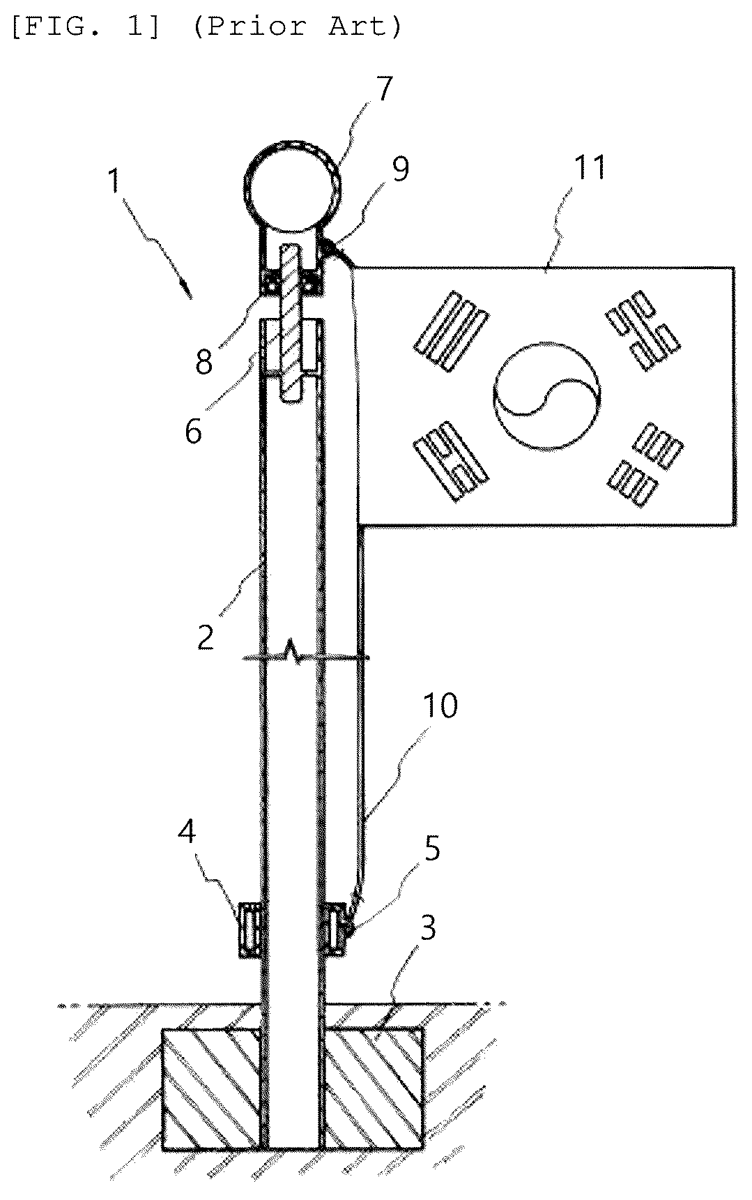 Patent US12366084 — Rotation type national flag hoisting pole to minimize rainwater adhesion area of national flag — Figure 1