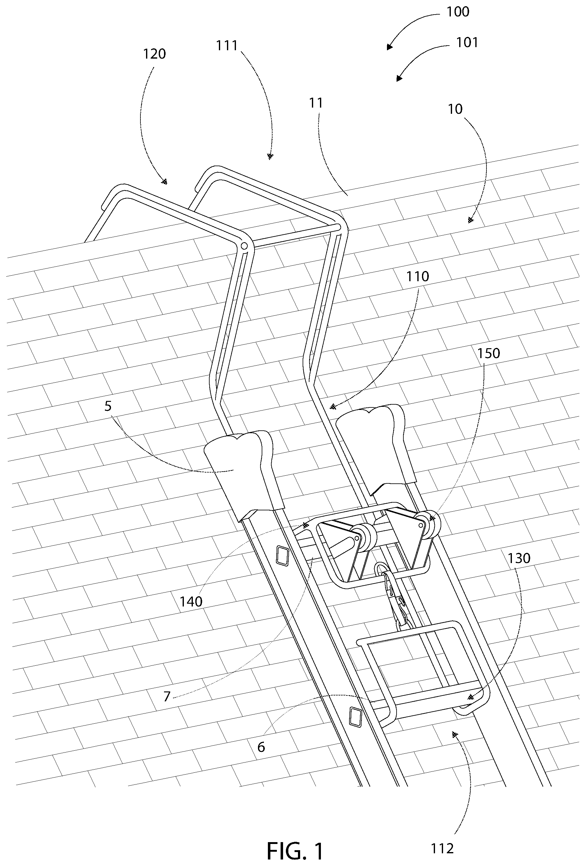 Patent US12366116 Figure 1 – Roof ridge ladder hook