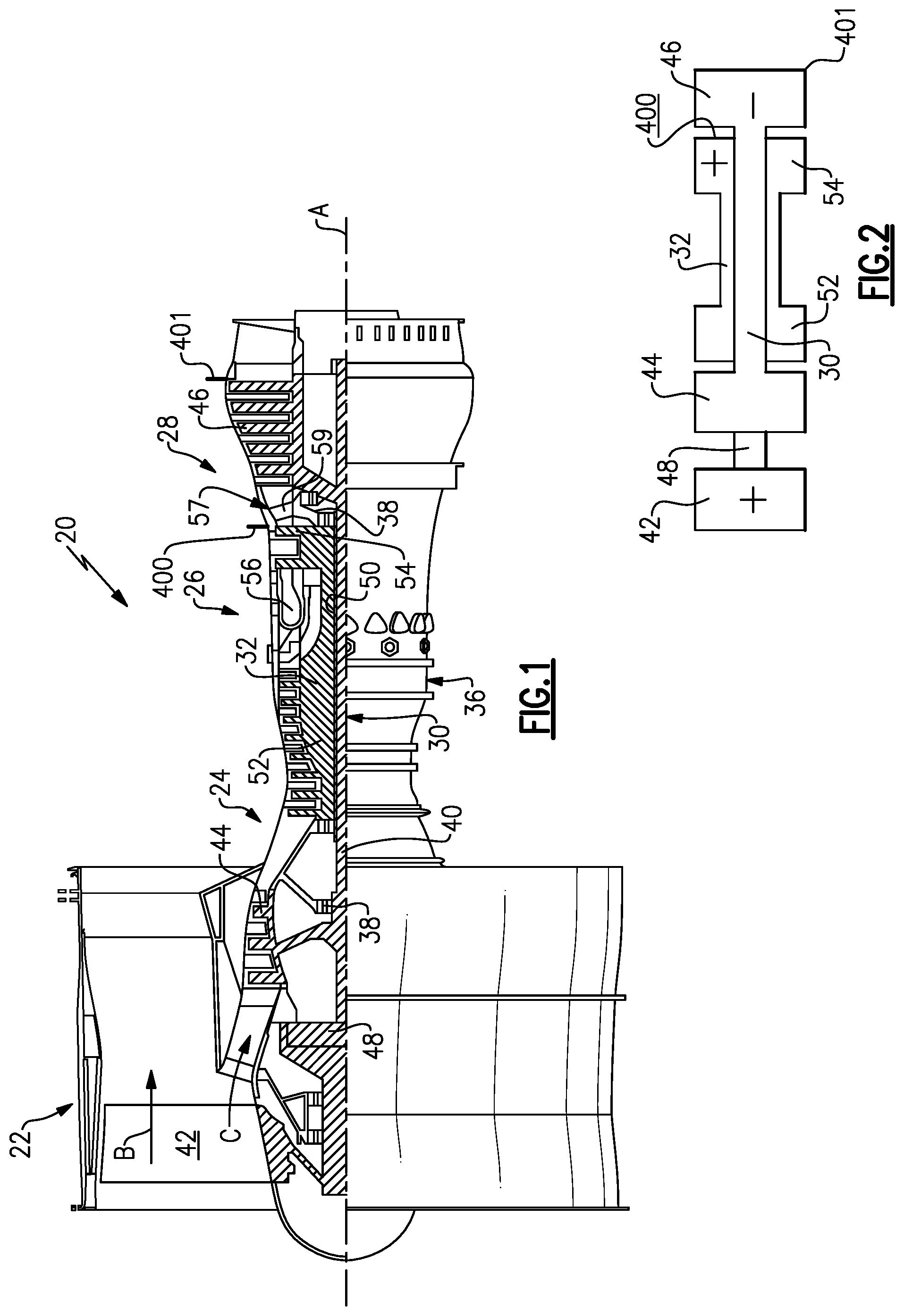 Patent US12366179 Figure 1 – Gas turbine engine with high speed low pressure turbine section and bearing support features