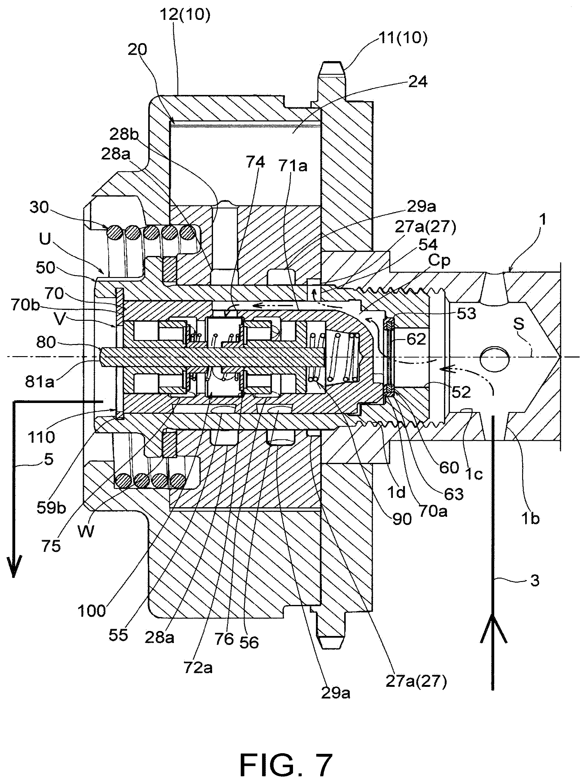 Patent US12366181 Figure 7 – Fluid control valve unit and valve timing changing device