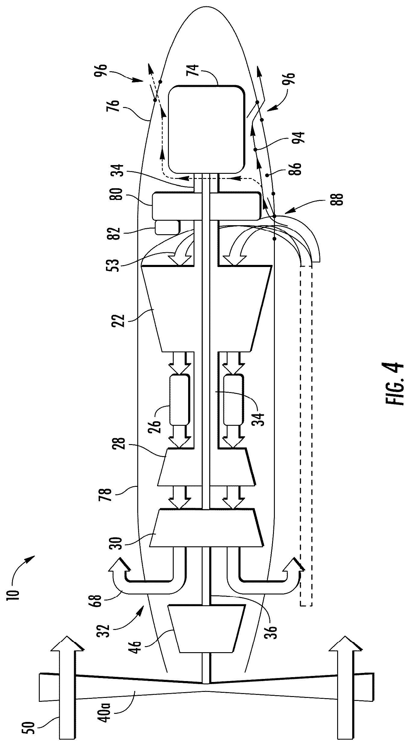 Patent US12366201 Figure 4 – Reverse flow gas turbine engine having electric machine