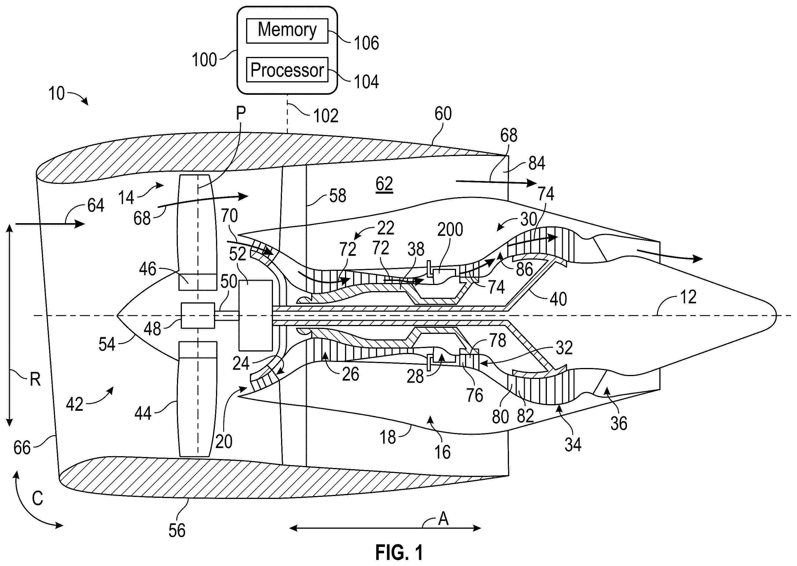 Patent US12366203 — Turbine engine having a multicavity damper — Figure 1