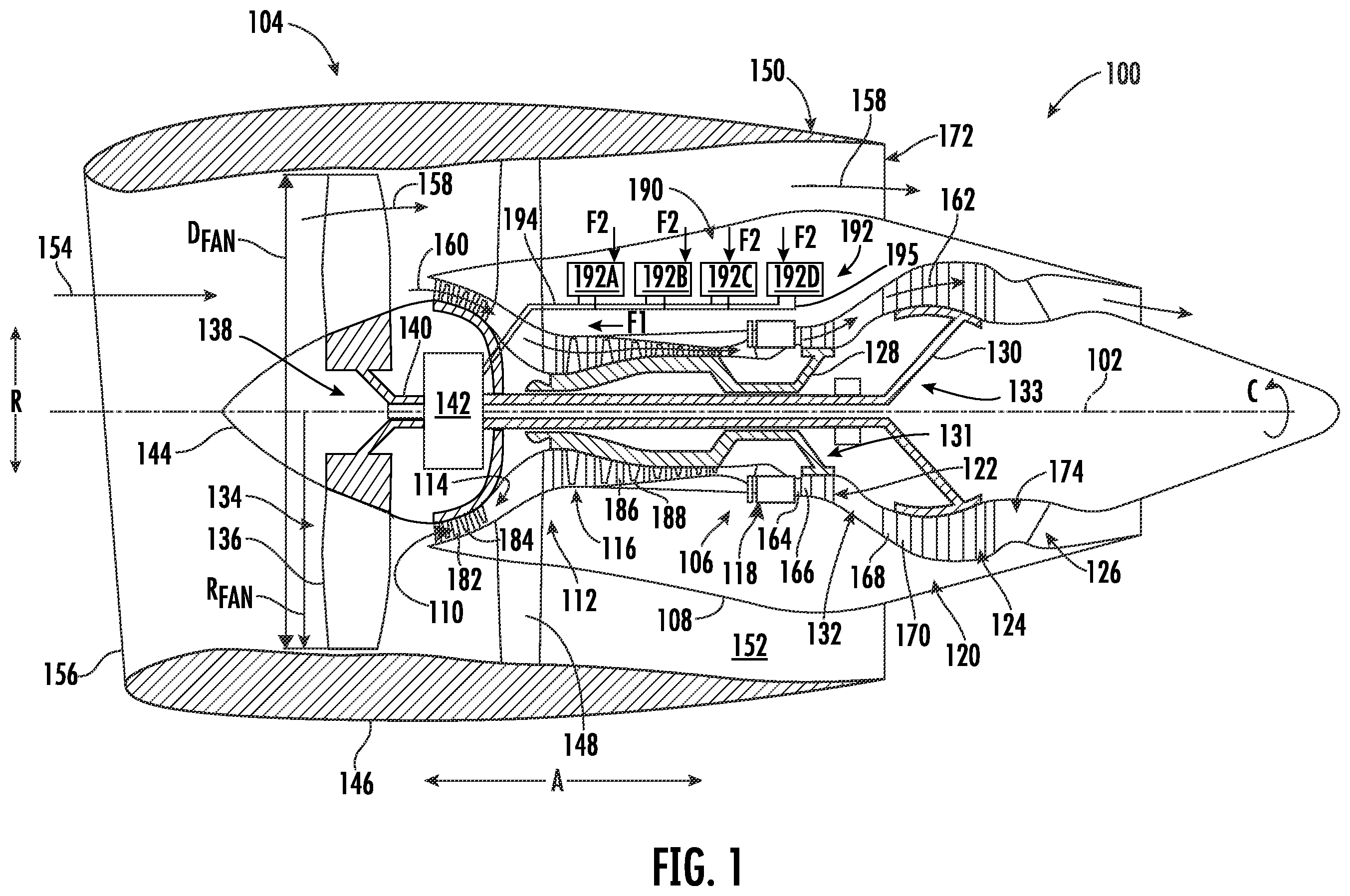 Patent US12366204 — Heat exchanger capacity for one or more heat exchangers associated with a power gearbox of a turbofan engine — Figure 1
