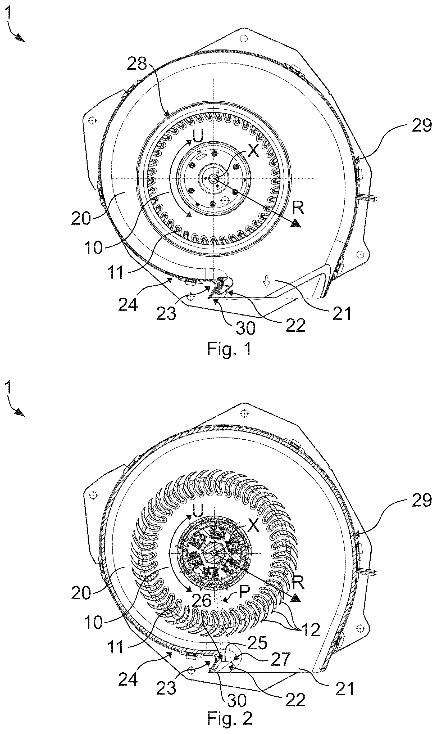 Patent US12366253 Figure 1 – Radial fan with tapered tongue geometry