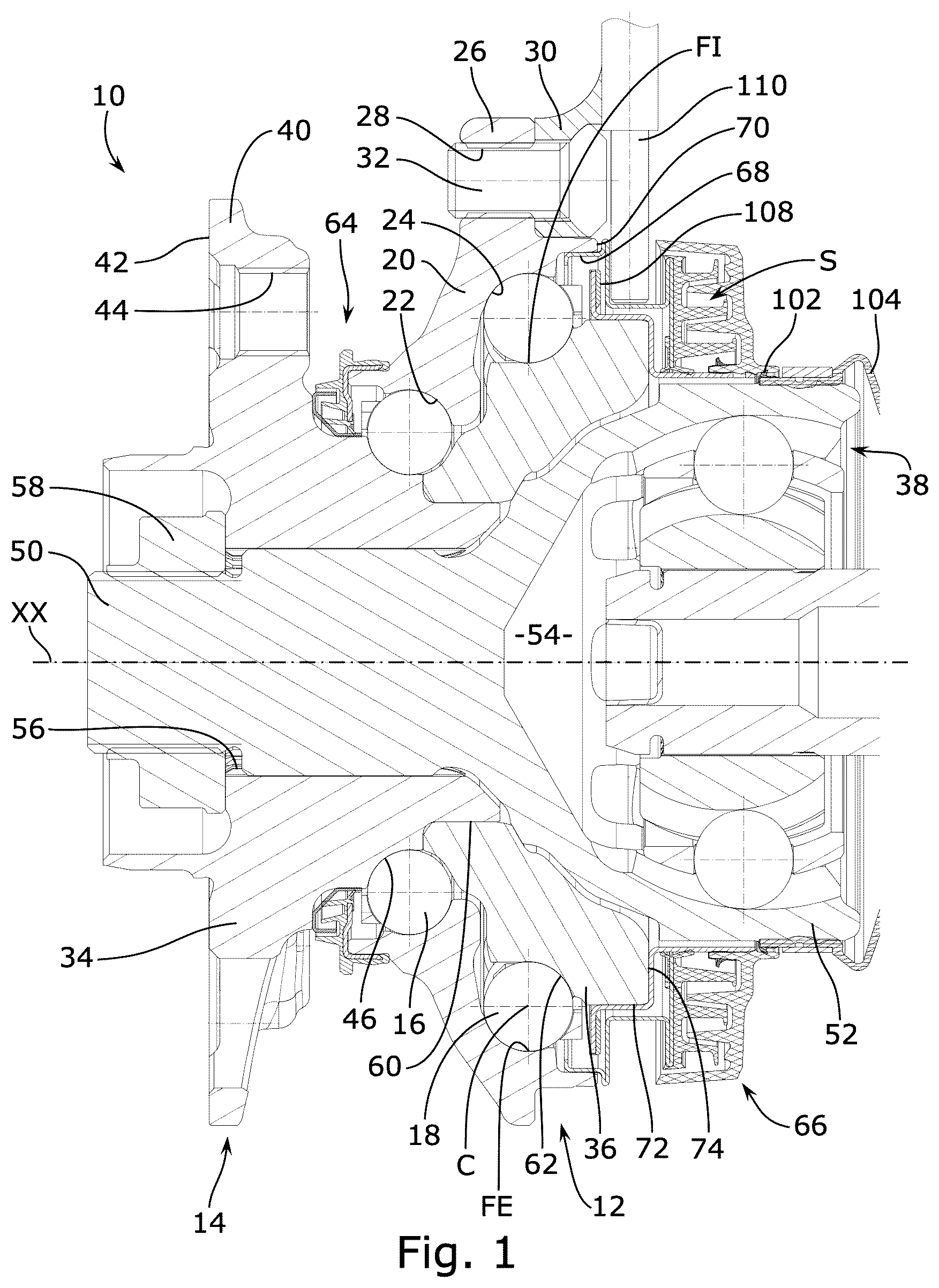 Patent US12366265 Figure 1 – Wheel bearing equipped with a sealing device with gutter and chicane