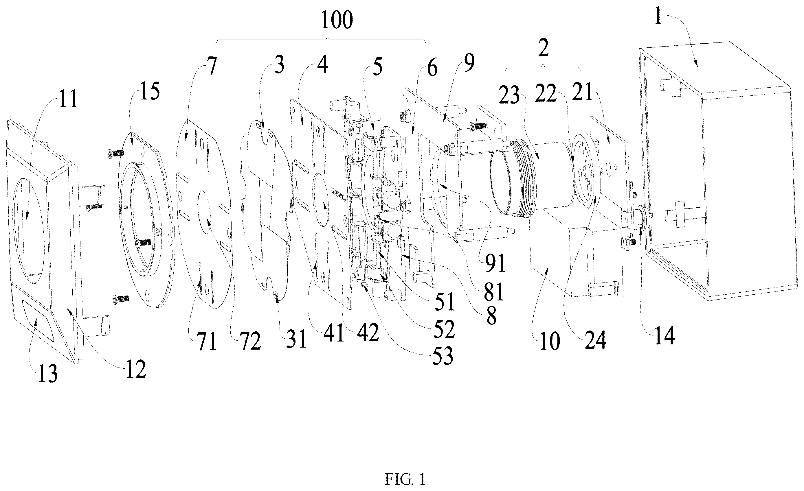 Patent US12366345 — Light fixture with motor-driven shaping of output light — Figure 1