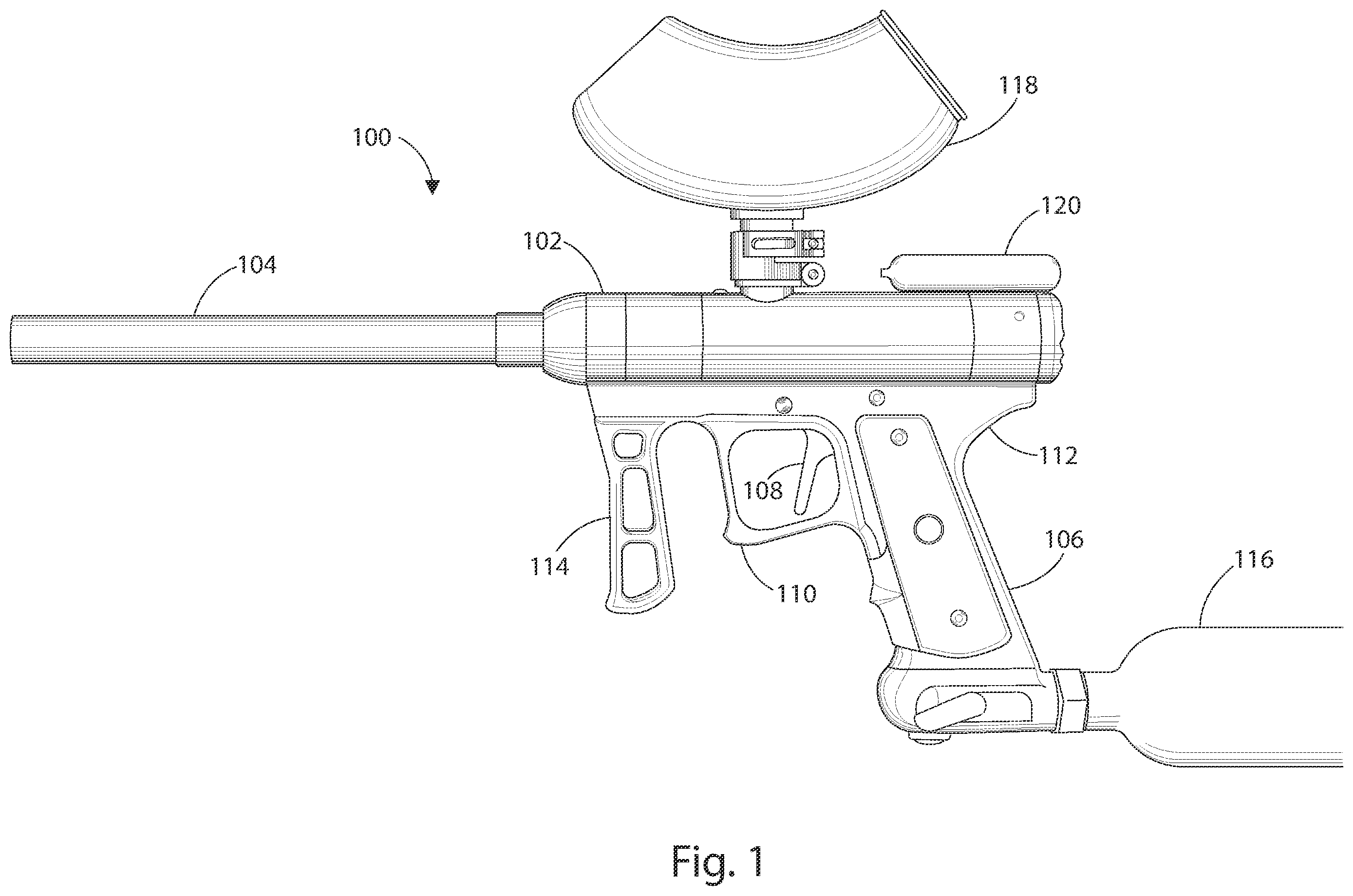 Patent US12366423 Figure 1 – Fuel powered paintball marker
