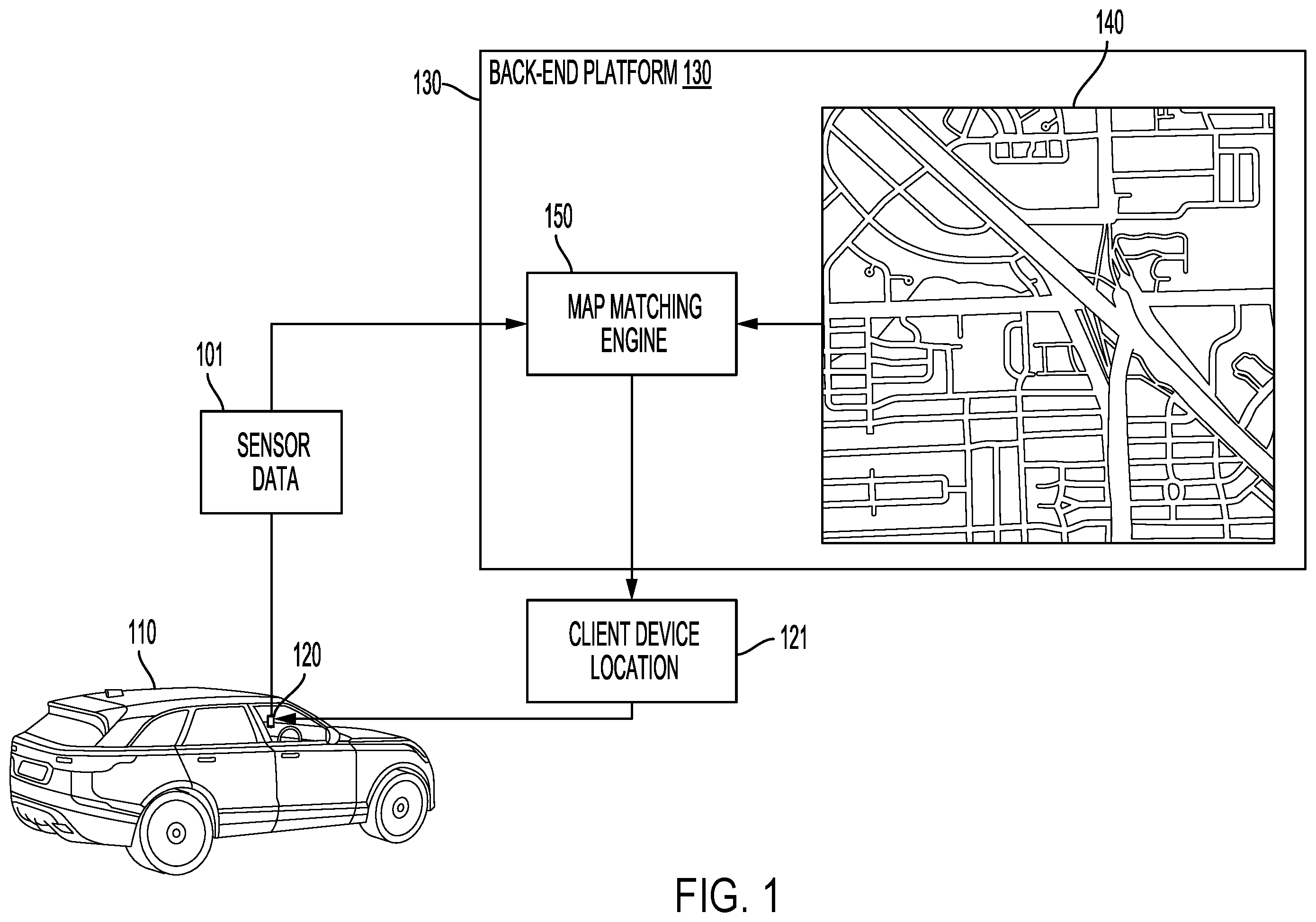 Patent US12366453 Figure 1 – Systems and methods for determining map matched locations on a client device