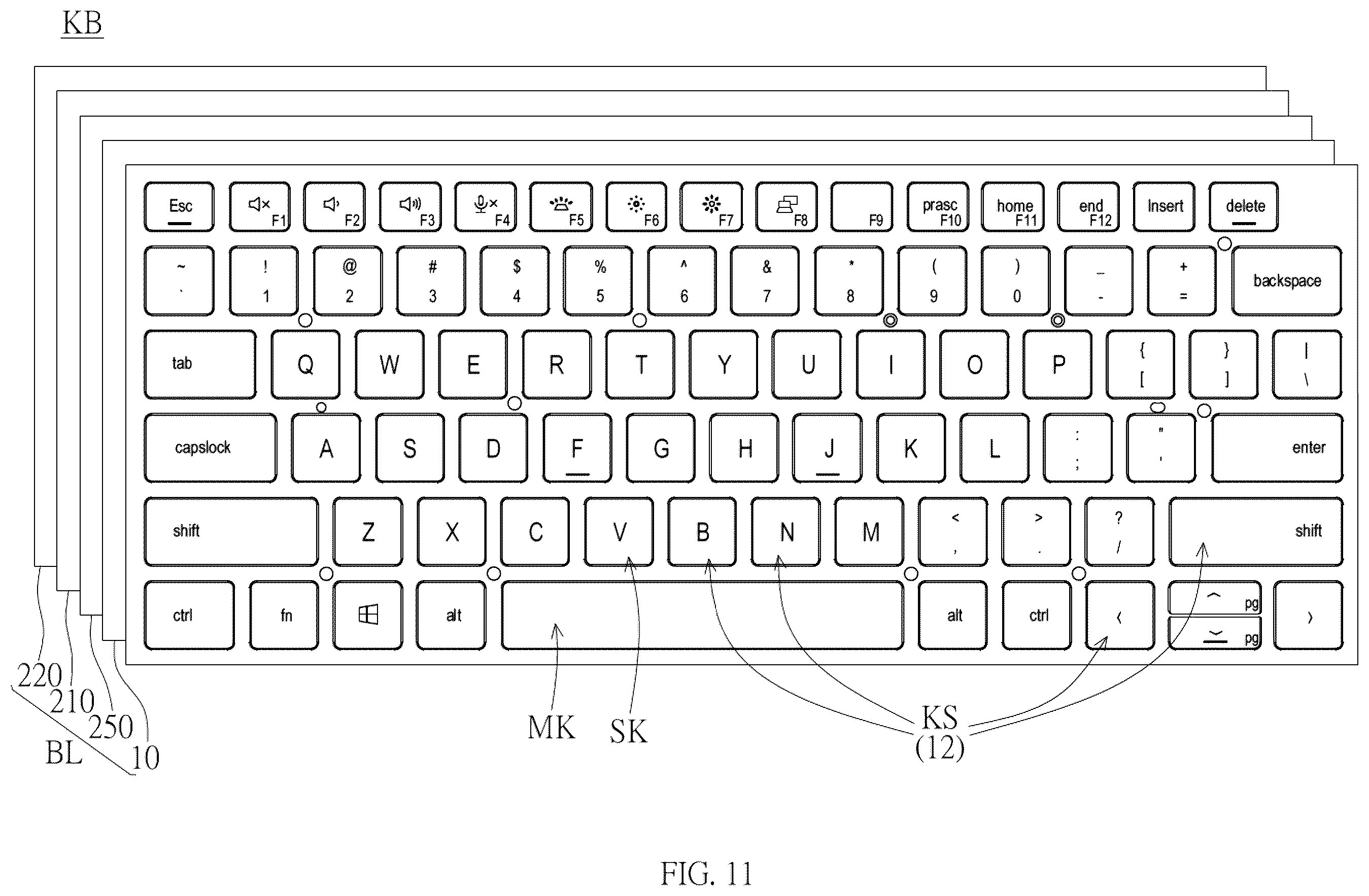Patent US12366700 Figure 11 – Keyboard with lighting board for backlighting keycap