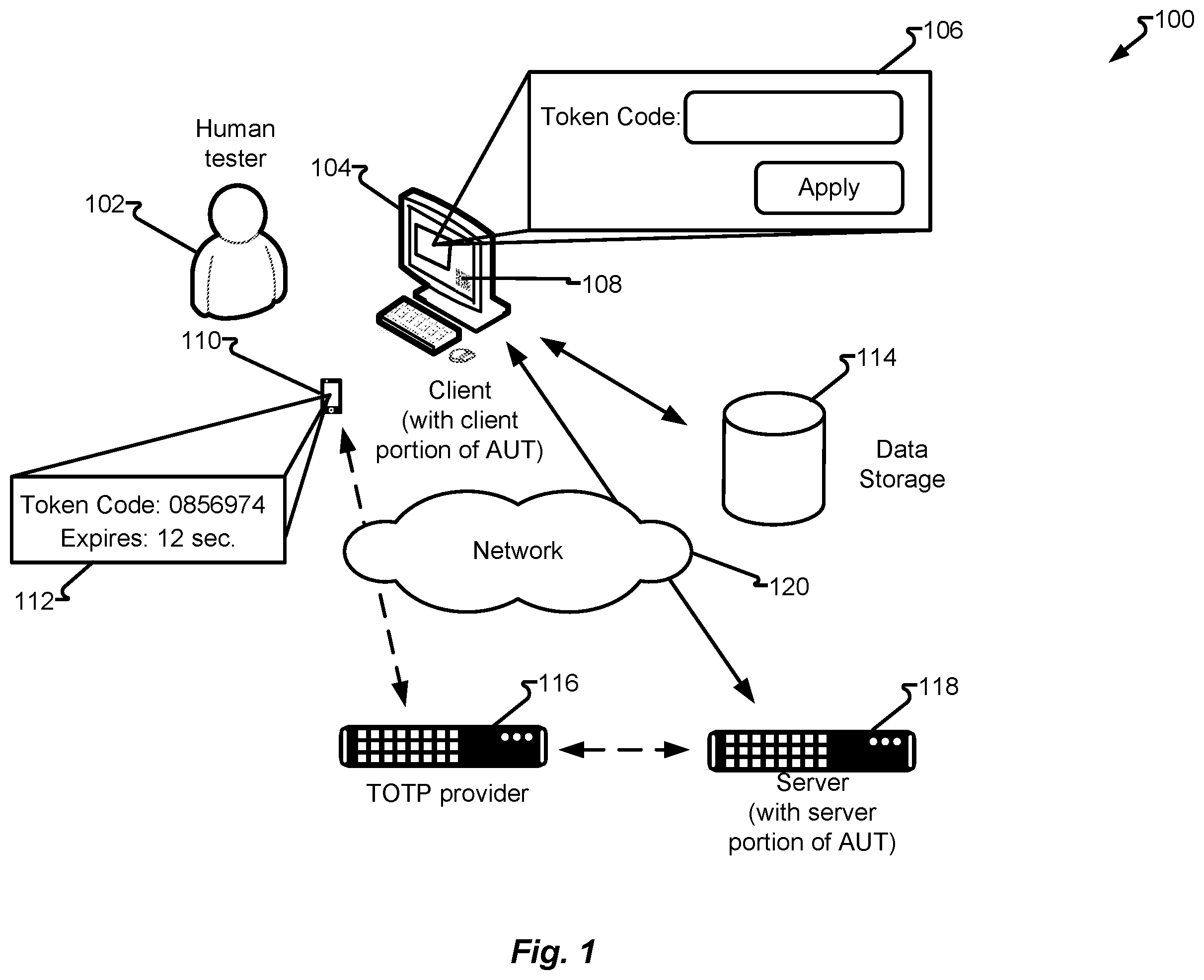Patent US12367129 — Automated testing of user interfaces requiring a time-based one-time password (TOTP) — Figure 1