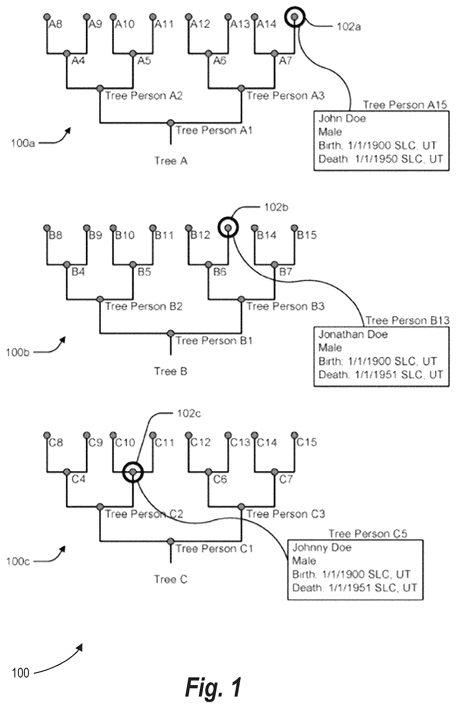 Patent US12367219 Figure 1 – Entity resolution in genealogical databases