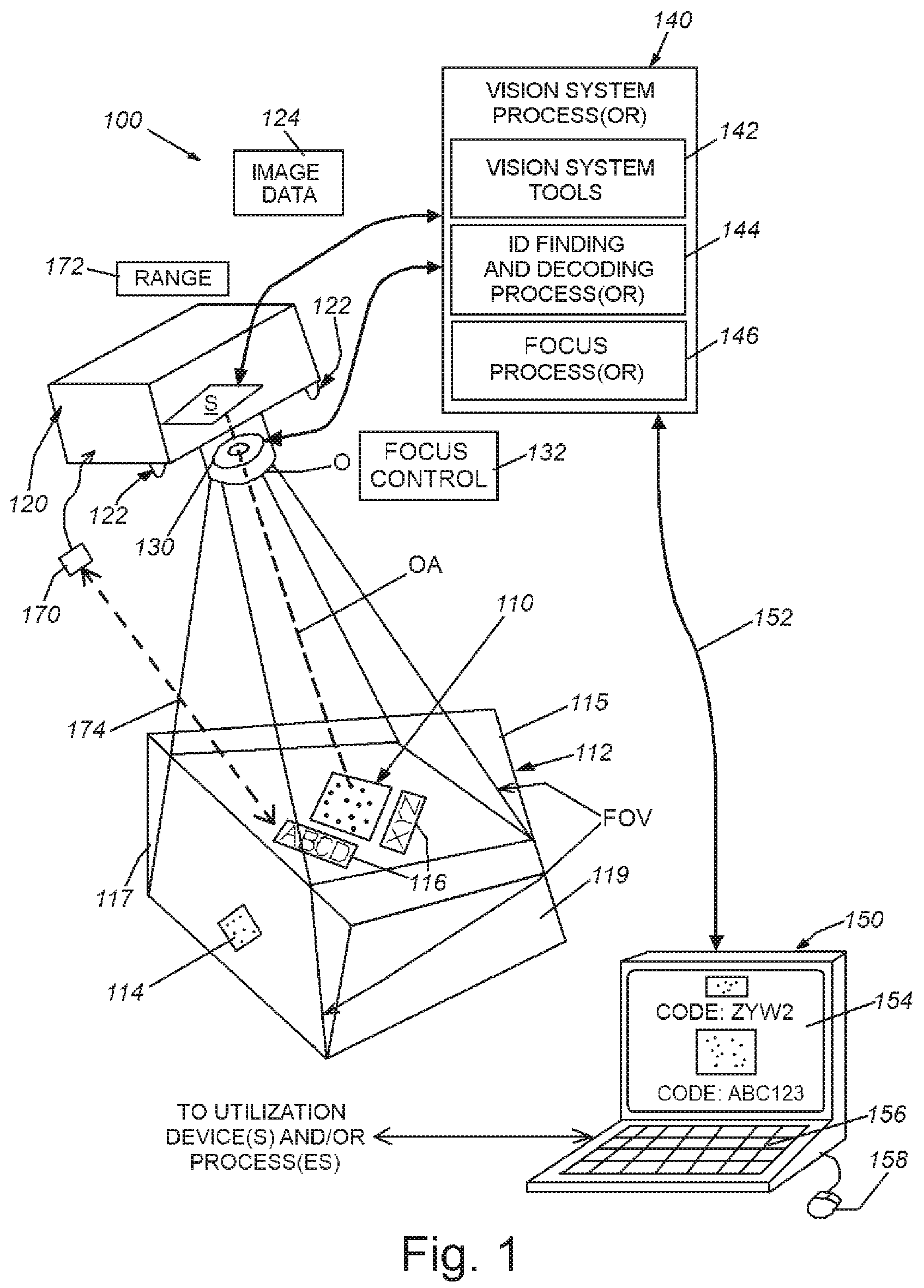 Patent US12367361 Figure 1 – System and method for auto-focusing a vision system camera on barcodes