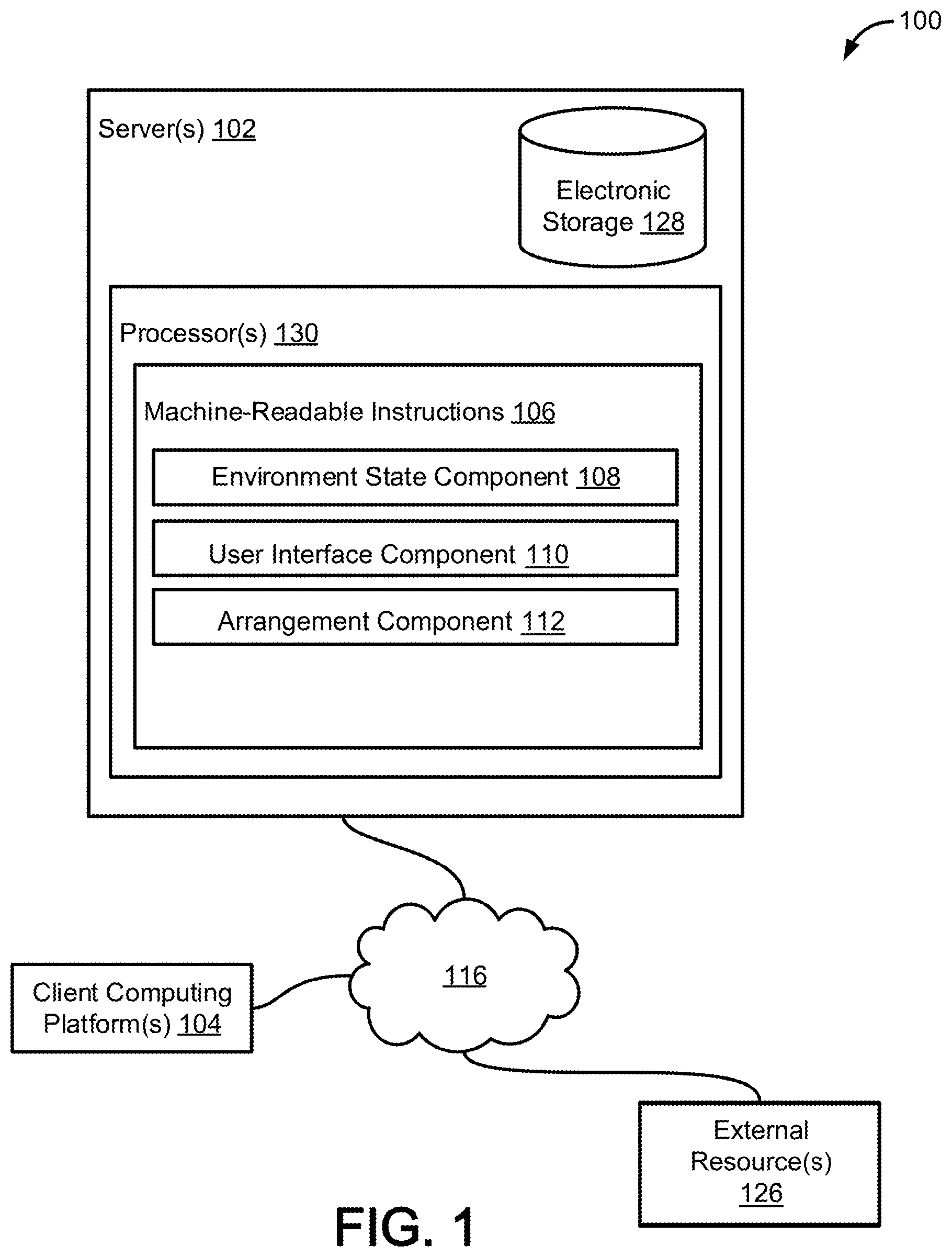 Patent US12367460 — Systems and methods to characterize work unit records of a collaboration environment based on freeform arrangement of visual content items — Figure 1