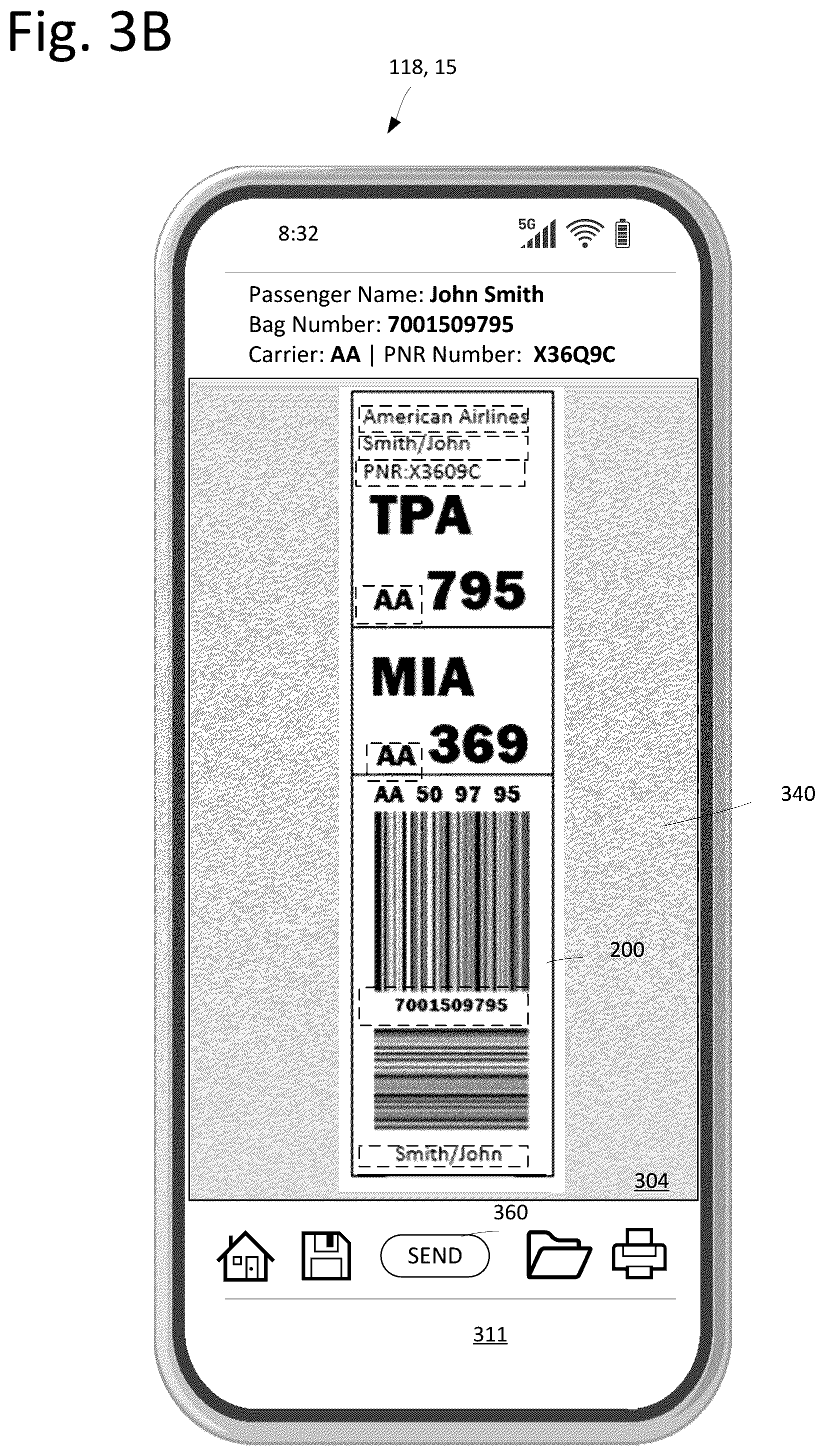 Patent US12367713 Figure 8 – Remote check-in using optical character recognition of bag tag