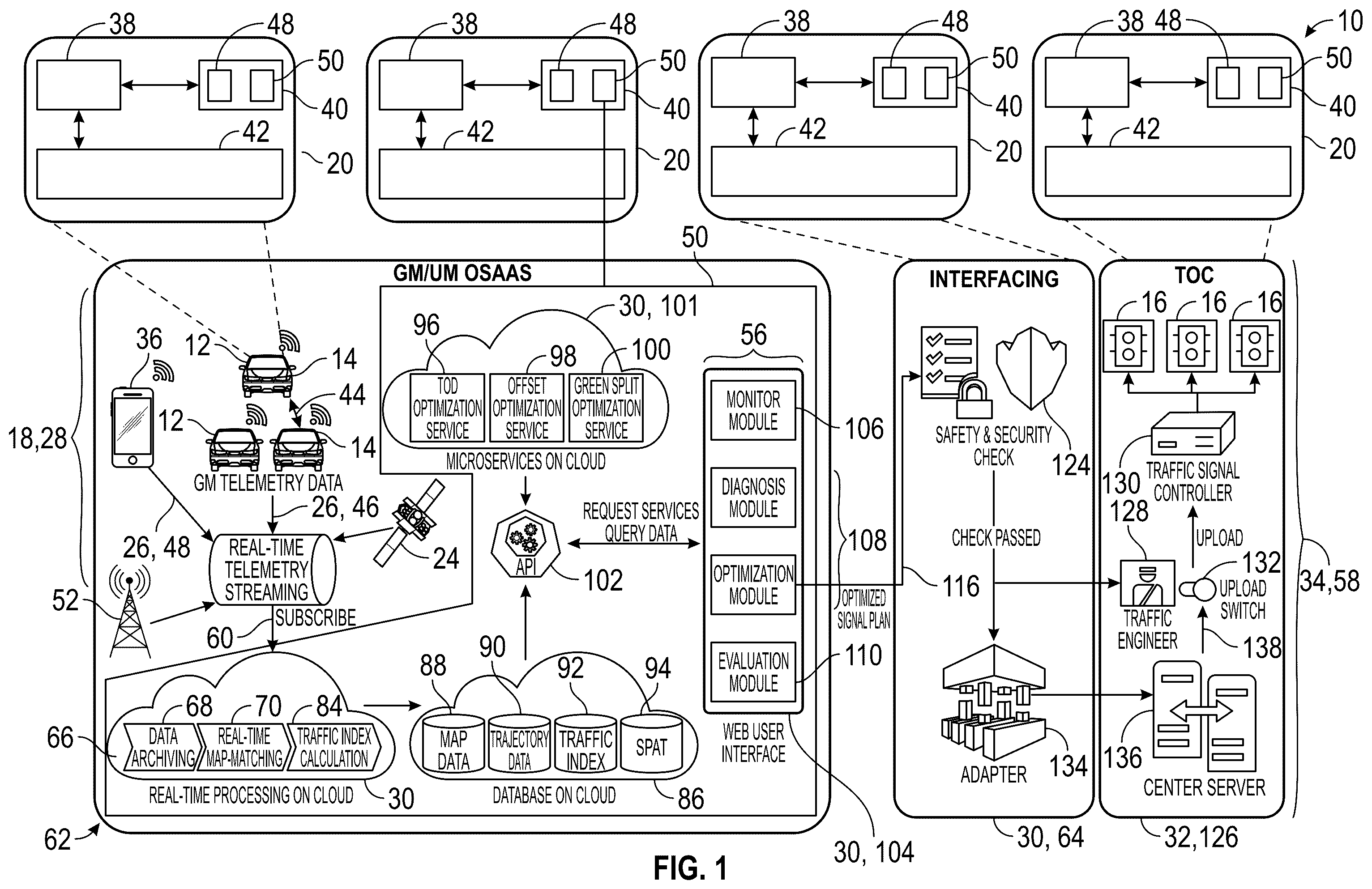 Patent US12367764 — Optimizing traffic signal timing using vehicle telemetry data — Figure 1