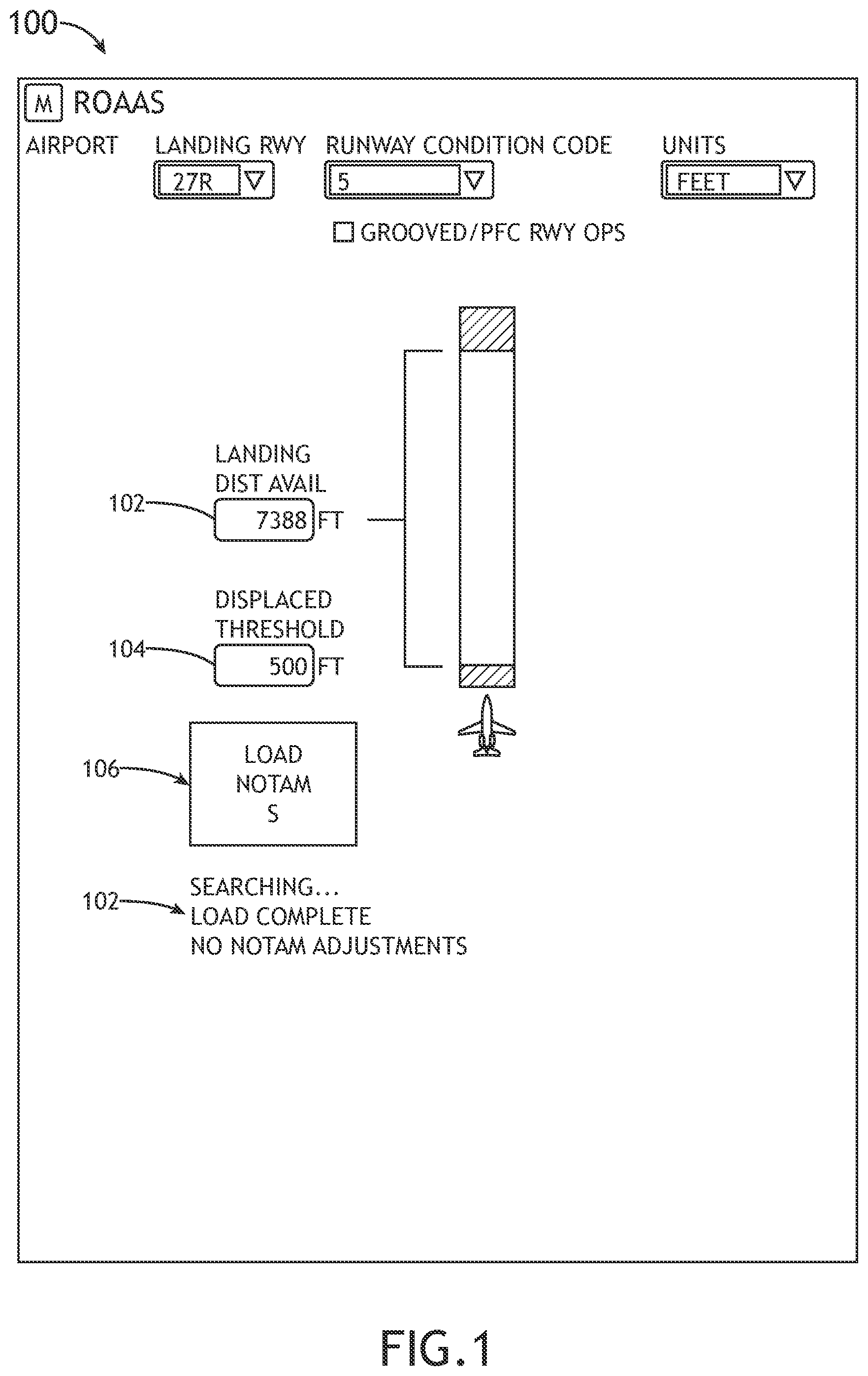 Patent US12367779 — System and method to generate and display runway overrun awareness and alerting system (ROAAS) image depicting current runway displaced threshold value and current landing distance available value — Figure 1