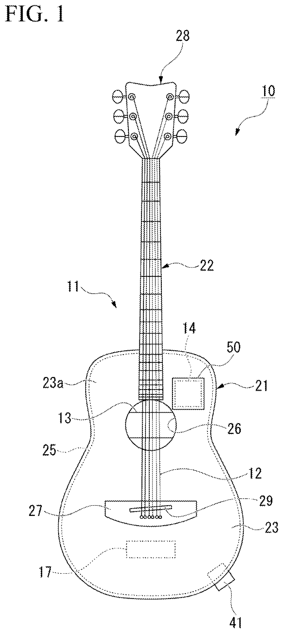 Patent US12367855 — Stringed musical instrument and acoustic effect device — Figure 1