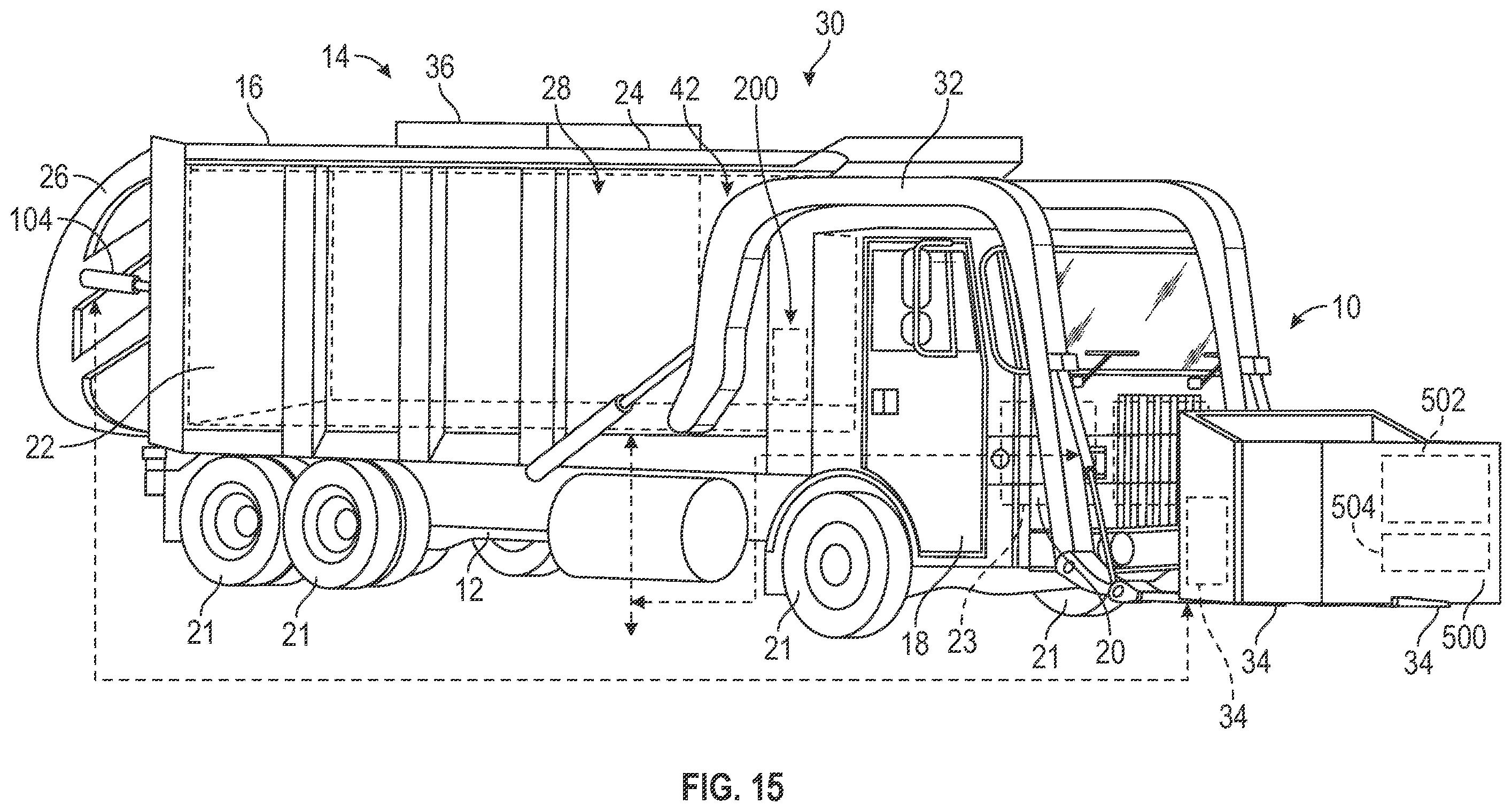Patent US12367857 Figure 15 – Refuse vehicle with sound management