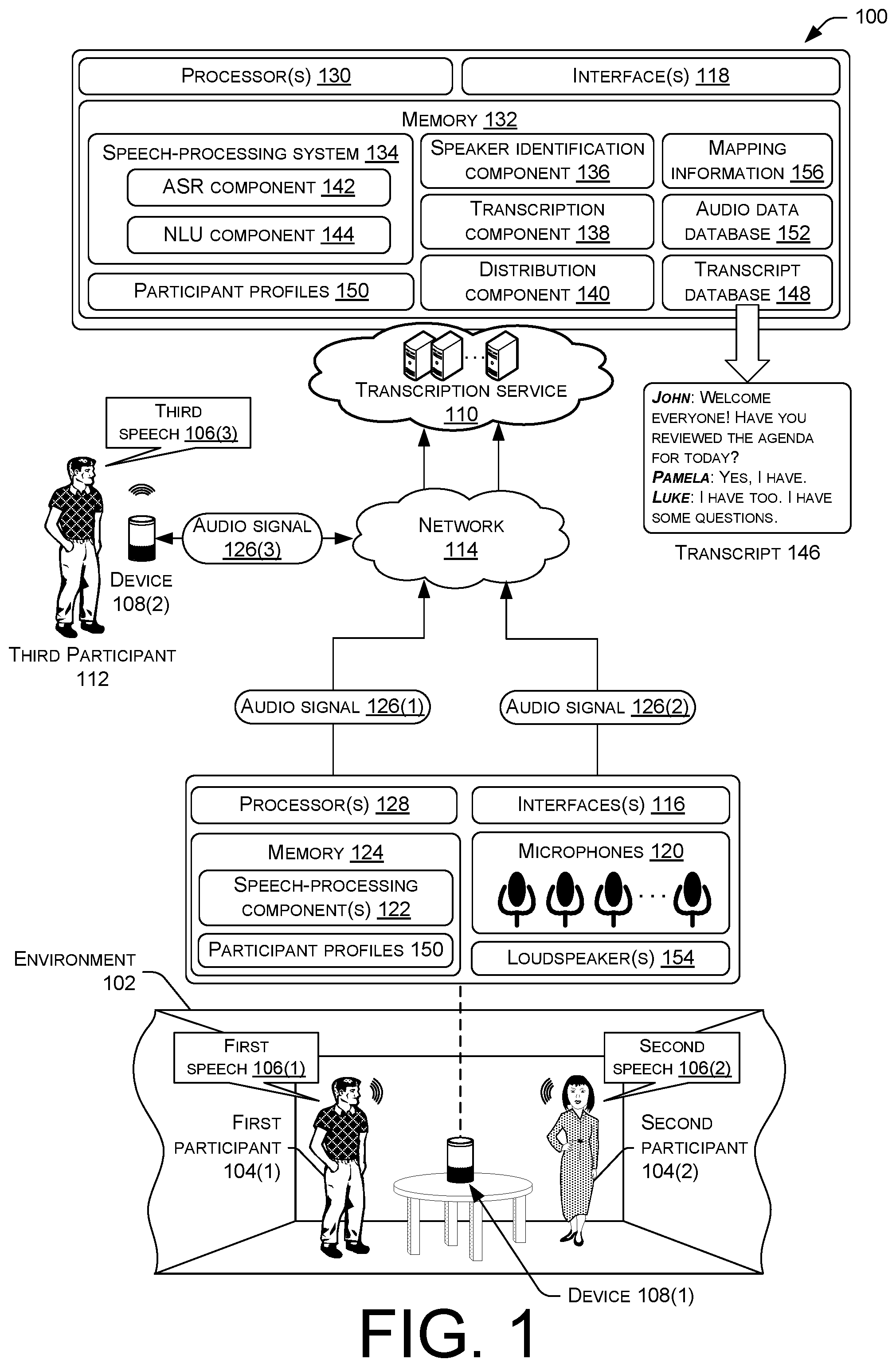 Patent US12367882 Figure 1 – Speaker disambiguation and transcription from multiple audio feeds