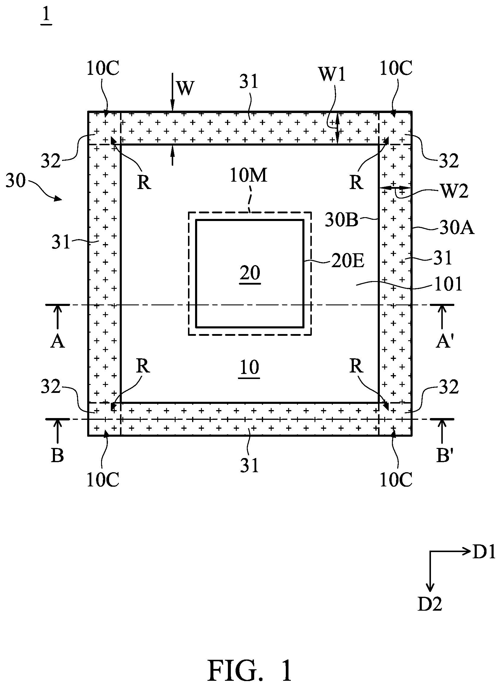 Patent US12368114 — Semiconductor device package having warpage control and method of forming the same — Figure 1