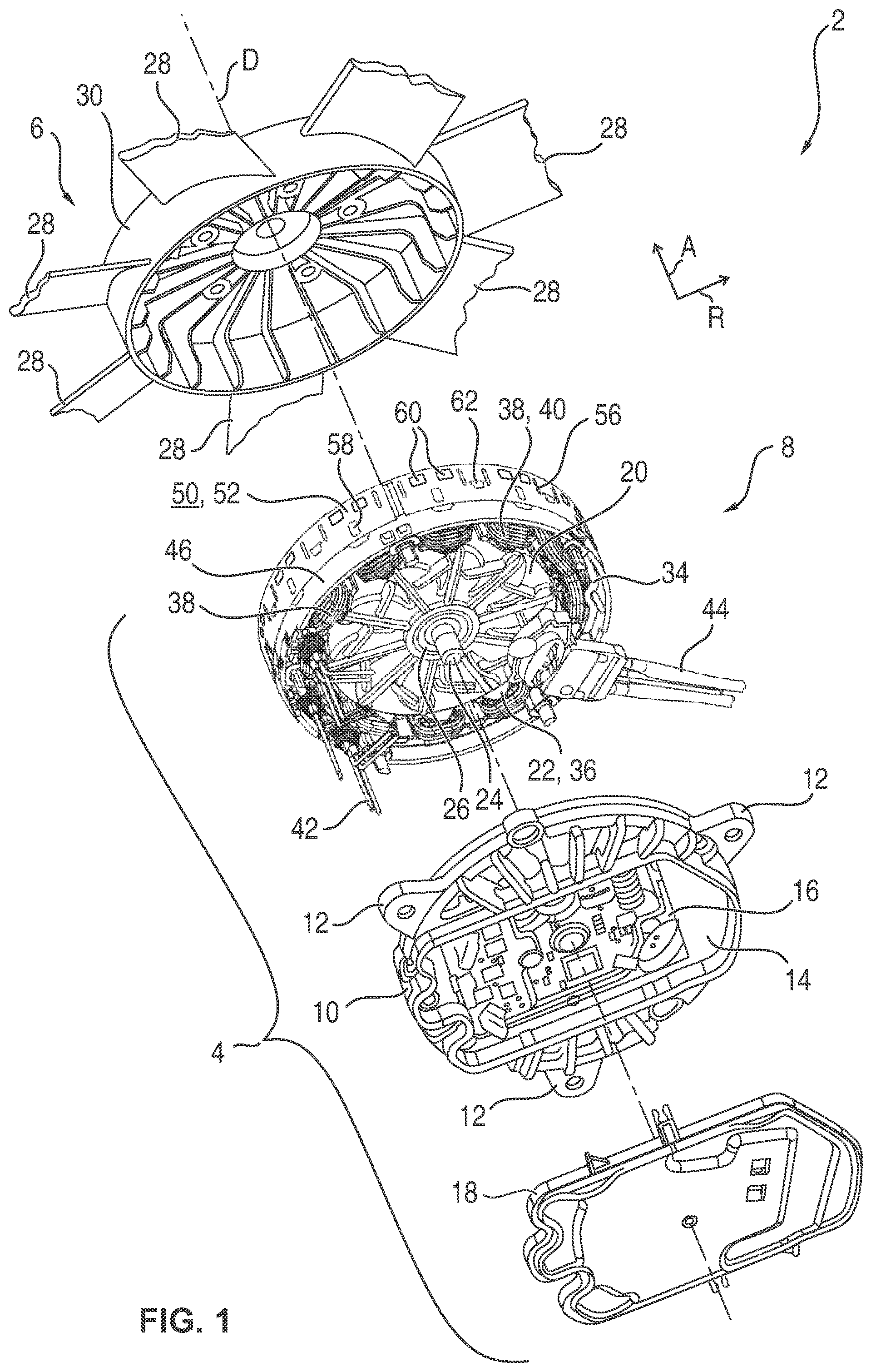Patent US12368350 — Electric-motor drive for a motor vehicle and radiator fan with an electrically conductive cover for shielding electromagnetic interference — Figure 1