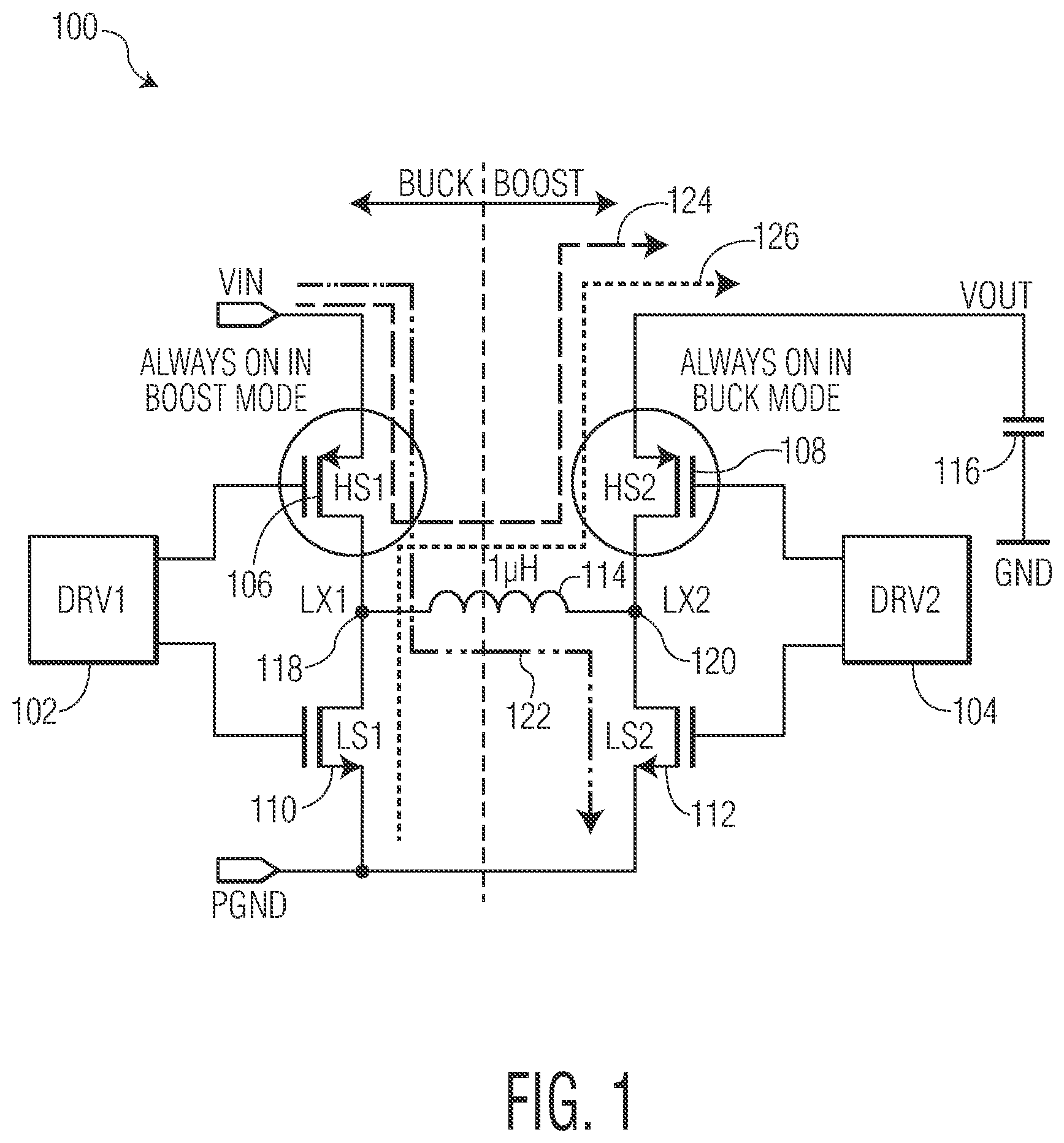 Patent US12368381 Figure 1 – Auto mode change in buck-boost converter