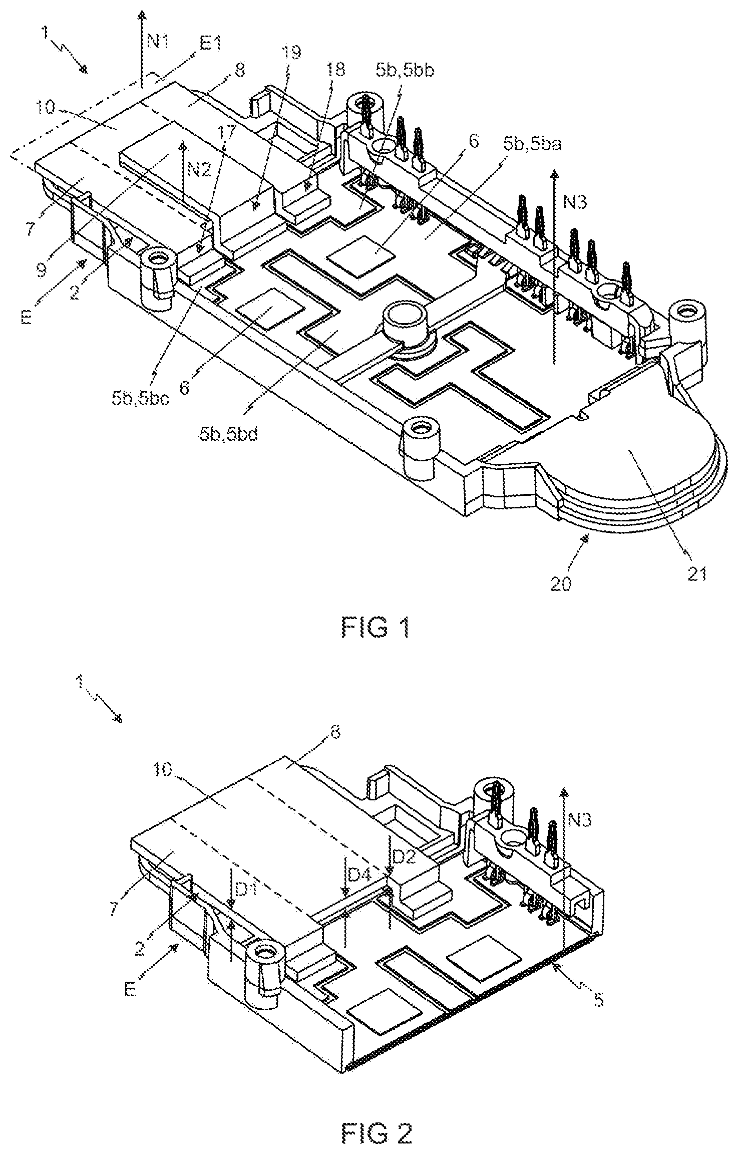 Patent US12368385 Figure 1 – Power semiconductor module having a substrate, power semiconductor components and having a DC voltage connection device