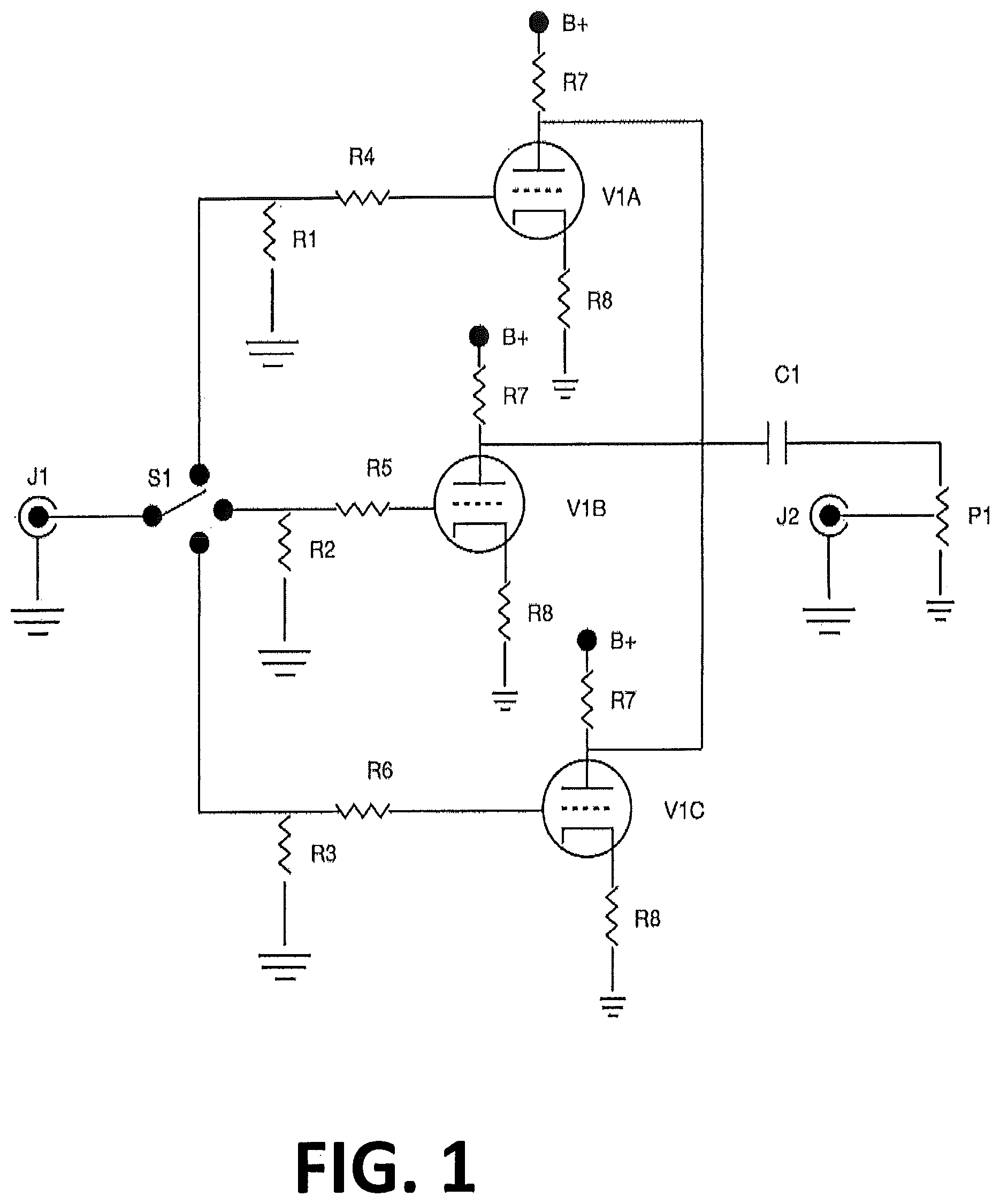 Patent US12368416 — Audio amplifier with switchable active components — Figure 1
