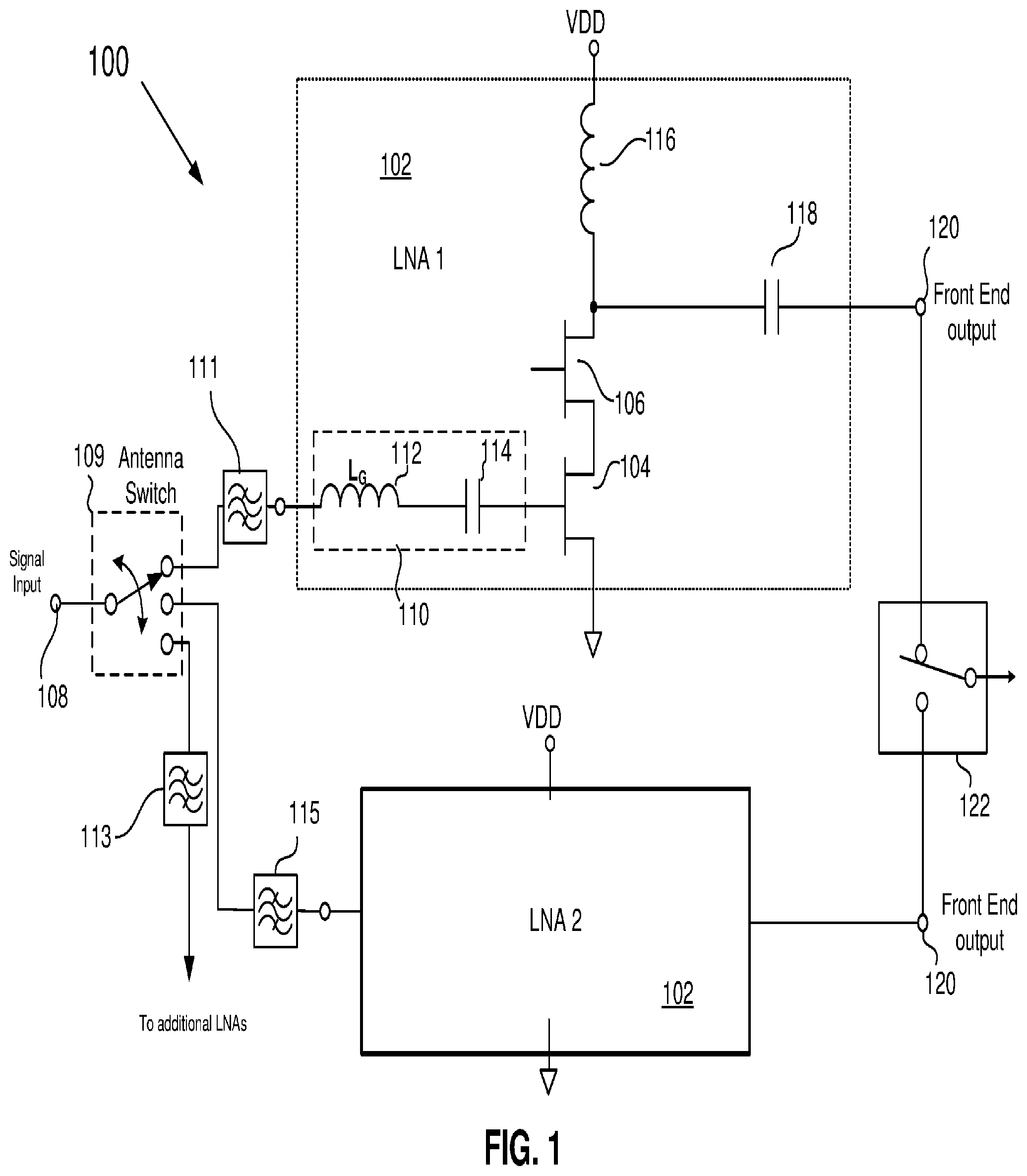 Patent US12368417 — Programmable optimized band switching LNA — Figure 1