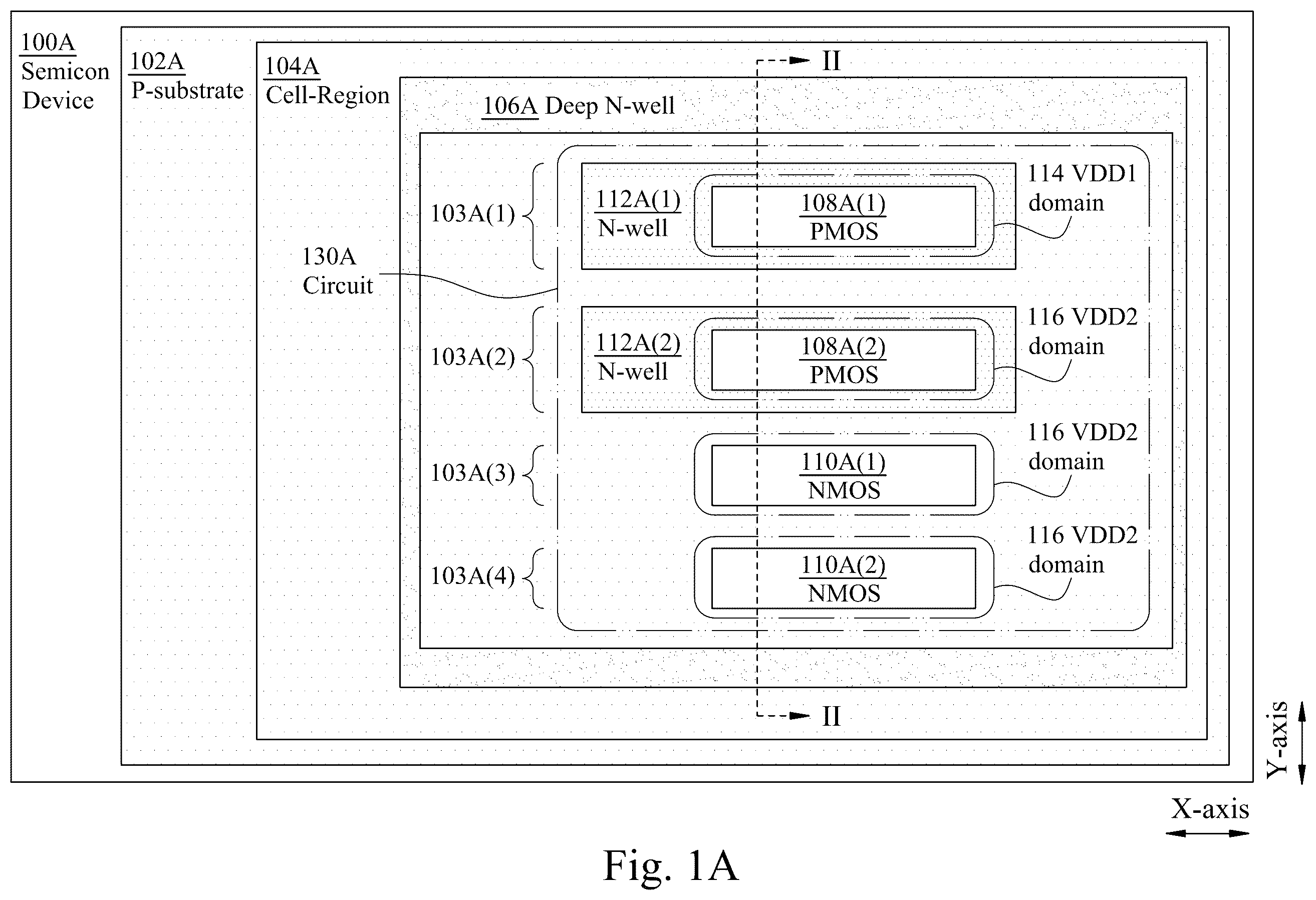 Patent US12368436 — Semiconductor device with common deep N-well for different voltage domains and method of forming same — Figure 1