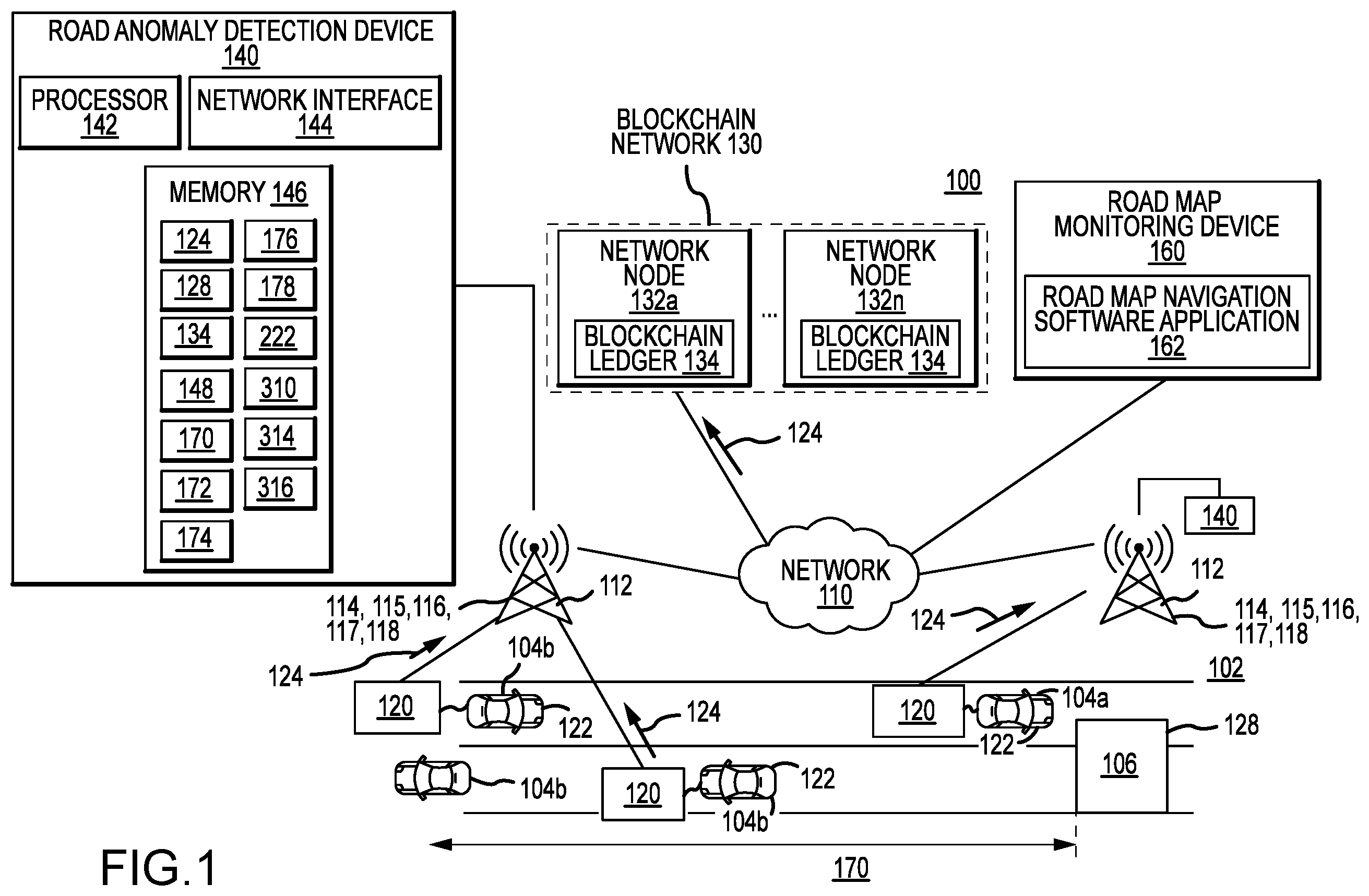 Patent US12368776 — Peer-to-peer network of wireless fidelity (WiFi)-enabled vehicles for data transmission using blockchain — Figure 1