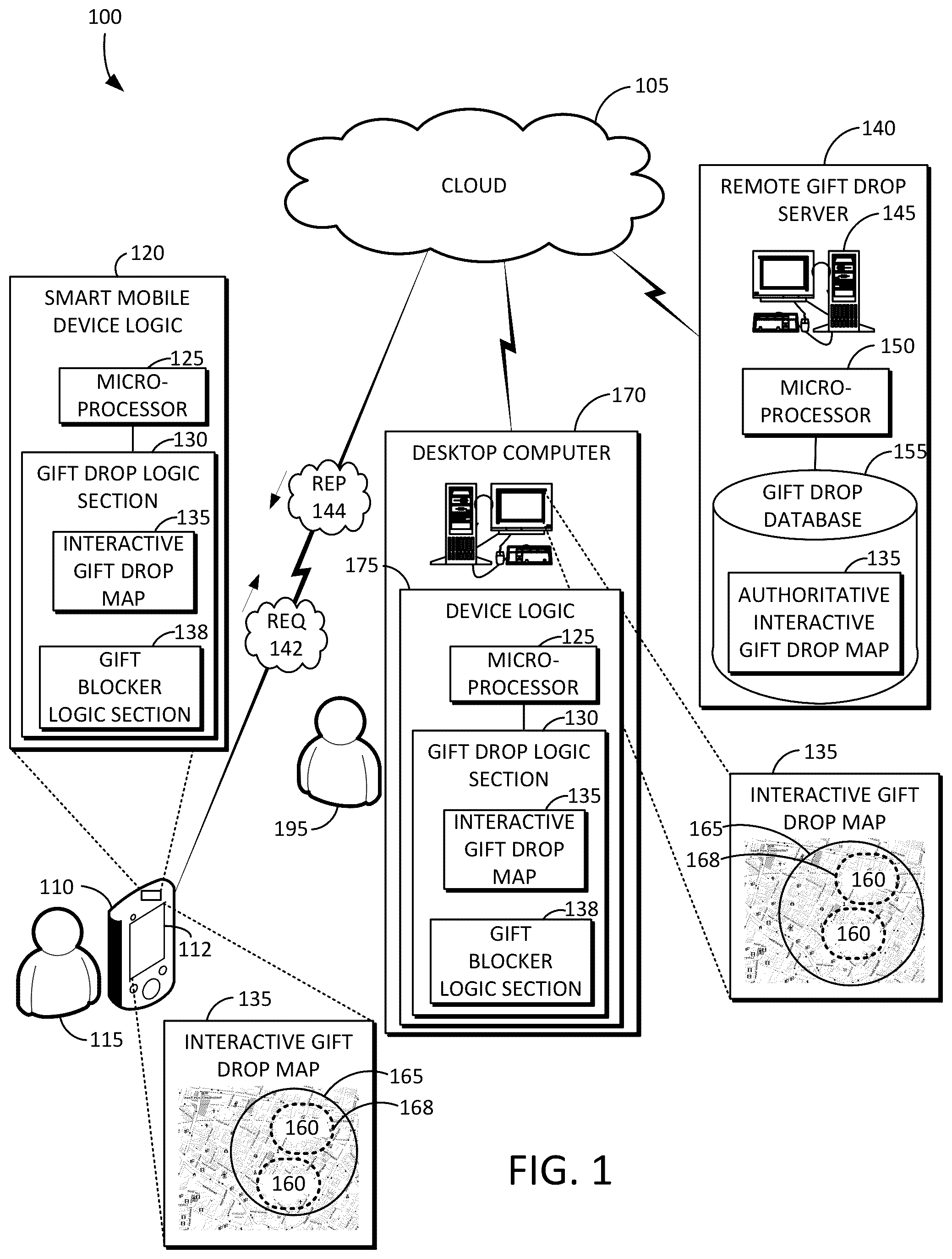 Patent US12368912 Figure 1 – System and method for geographically associated or geographically disassociated enticing gift or video drop