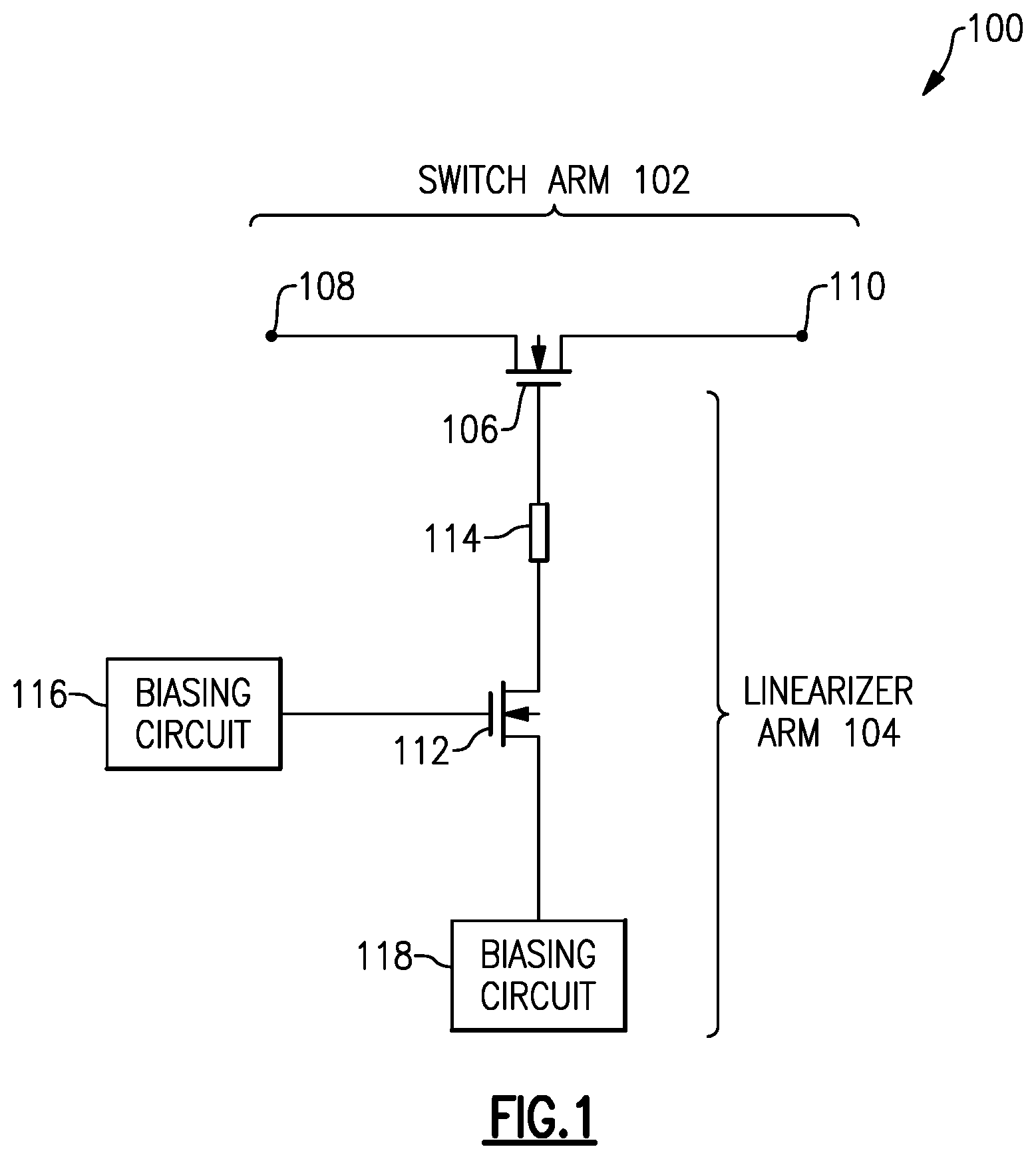 Patent US12375078 — Switch with gate or body connected linearizer — Figure 1