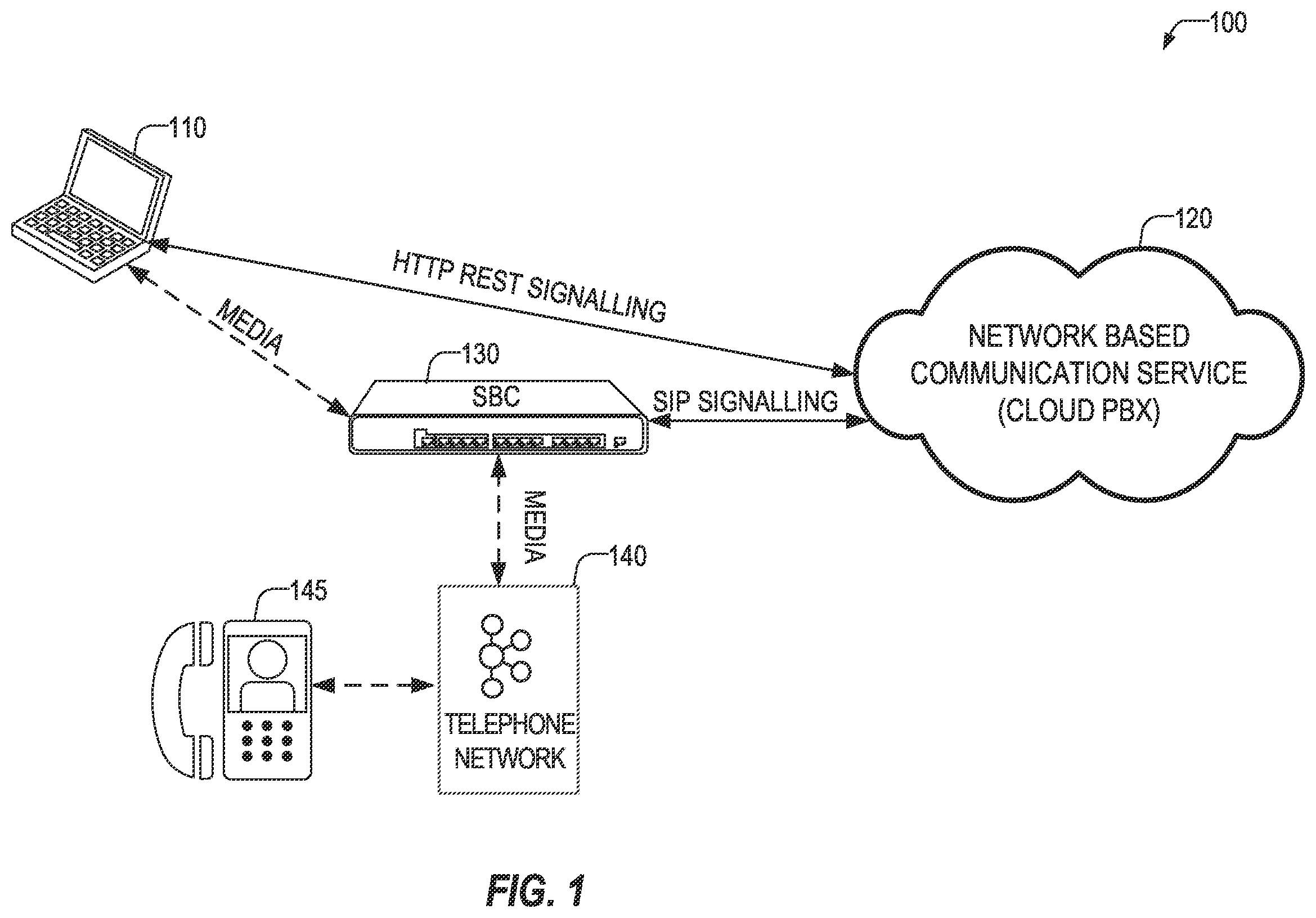 Patent US12375532 — Media flow control for direct routing in network-based telephony — Figure 1