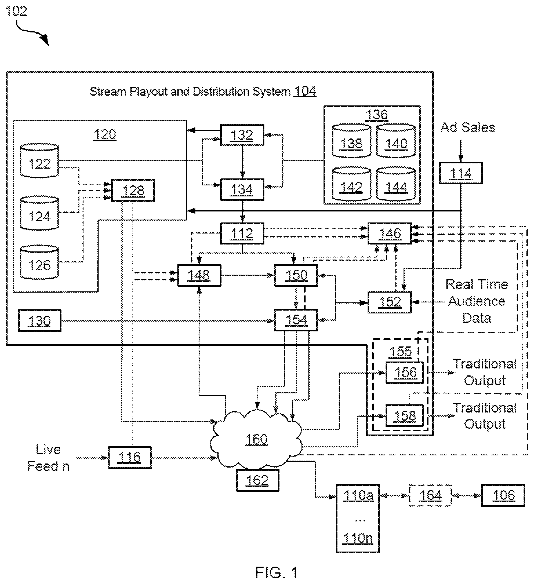 Patent US12375763 — Disparate live media output stream playout and broadcast distribution — Figure 1