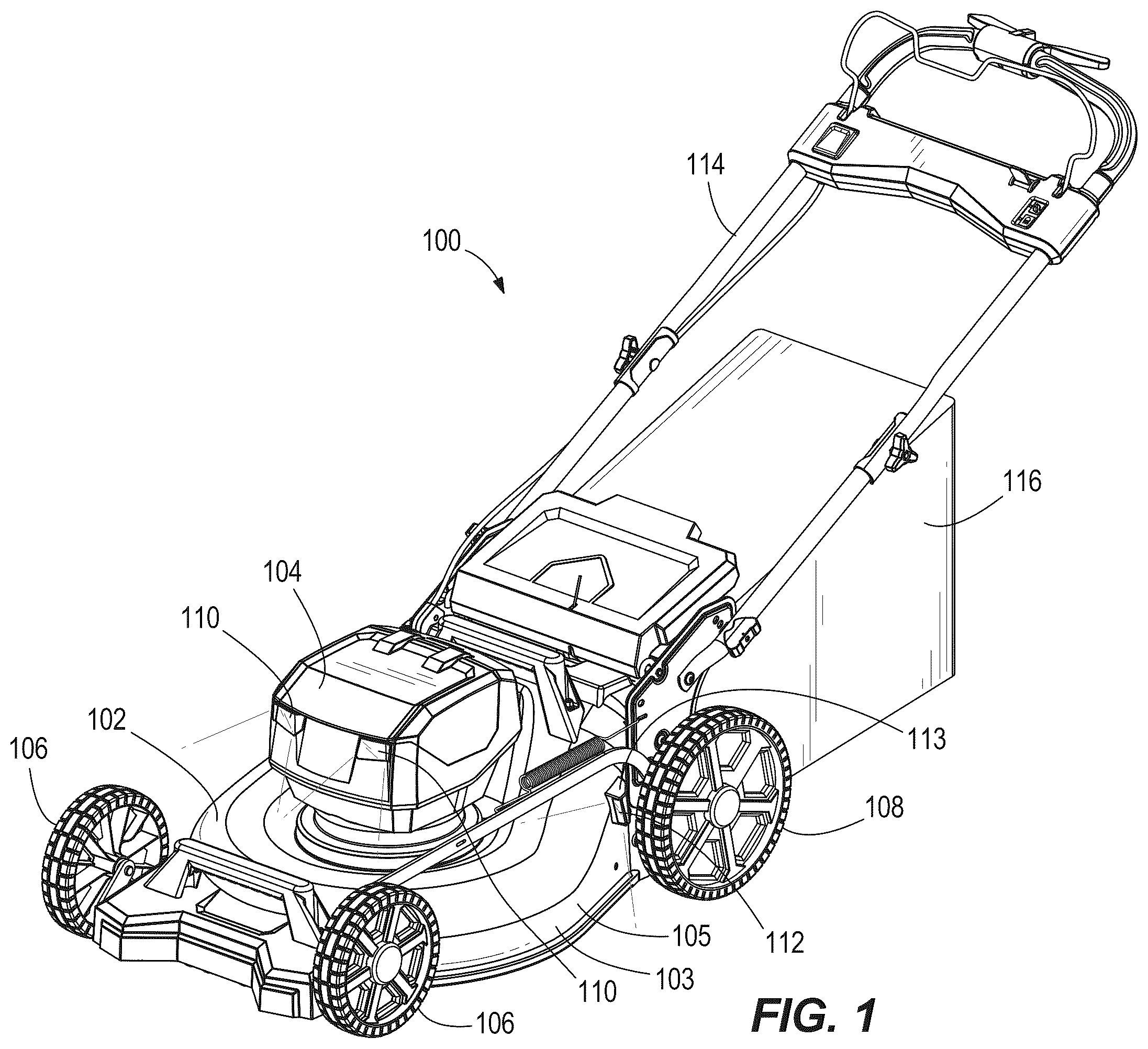 Patent US12376514 — Walk-behind mower with wide angle illumination — Figure 1