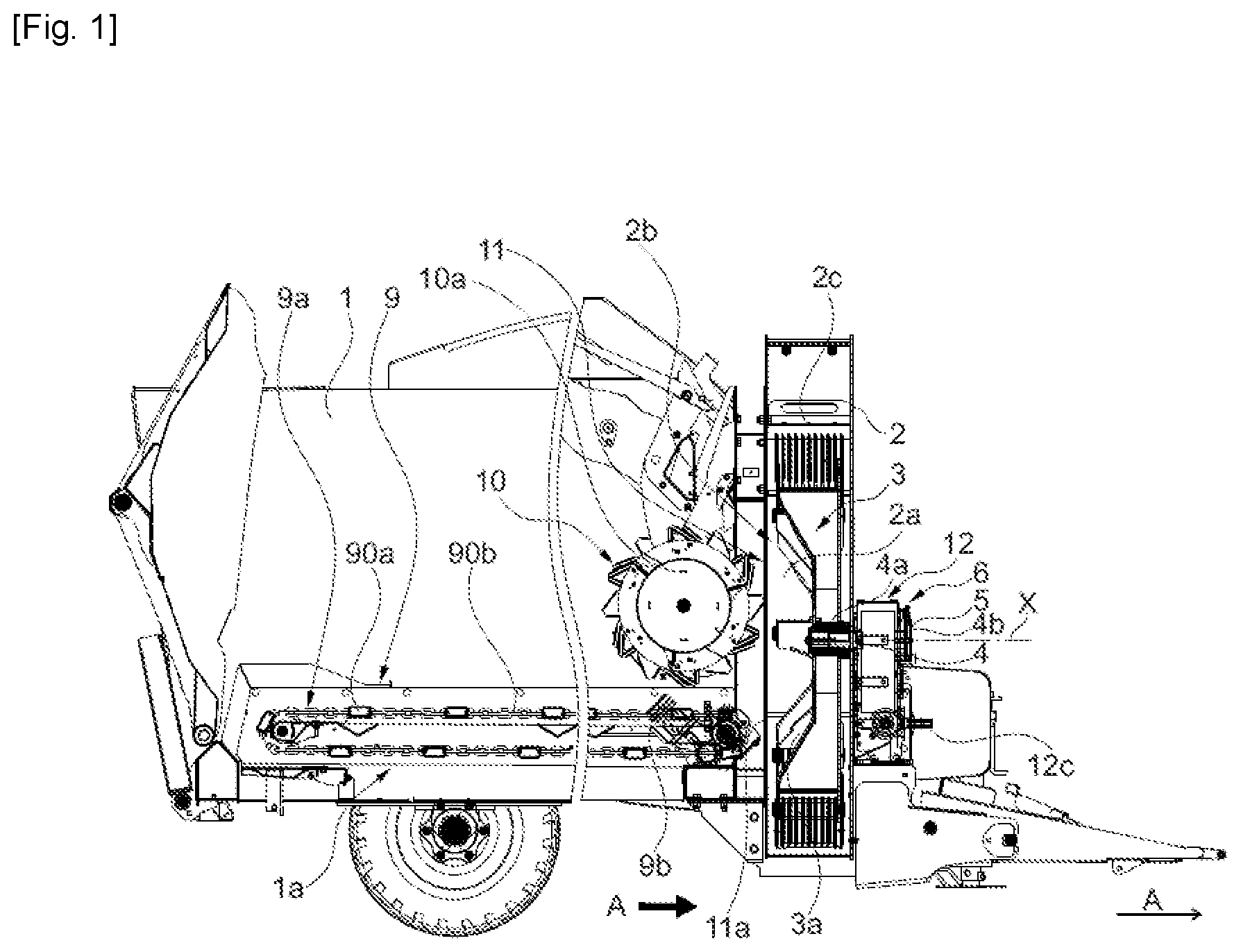 Patent US12376560 — Agricultural machine for distributing products for animal feeding and/or straw bedding — Figure 1