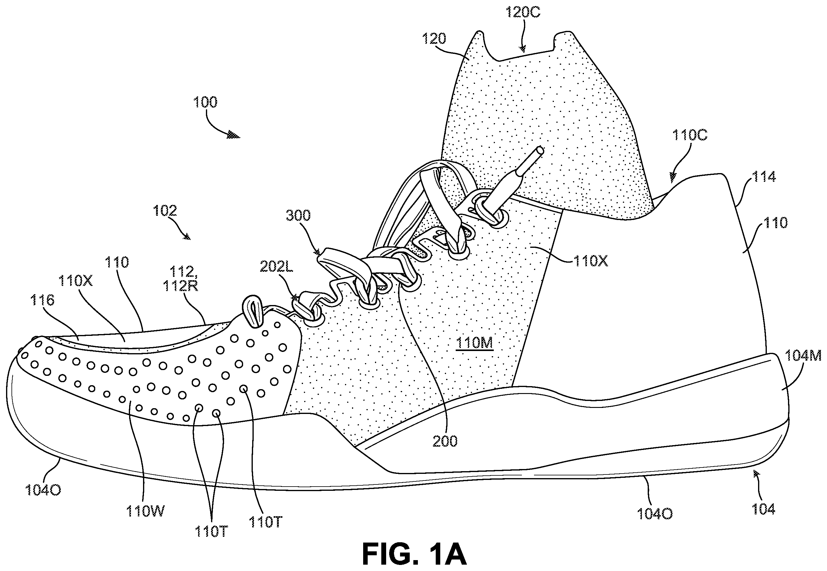 Patent US12376648 — Article of footwear including lace-engaging slots and foot wrapping bands — Figure 1