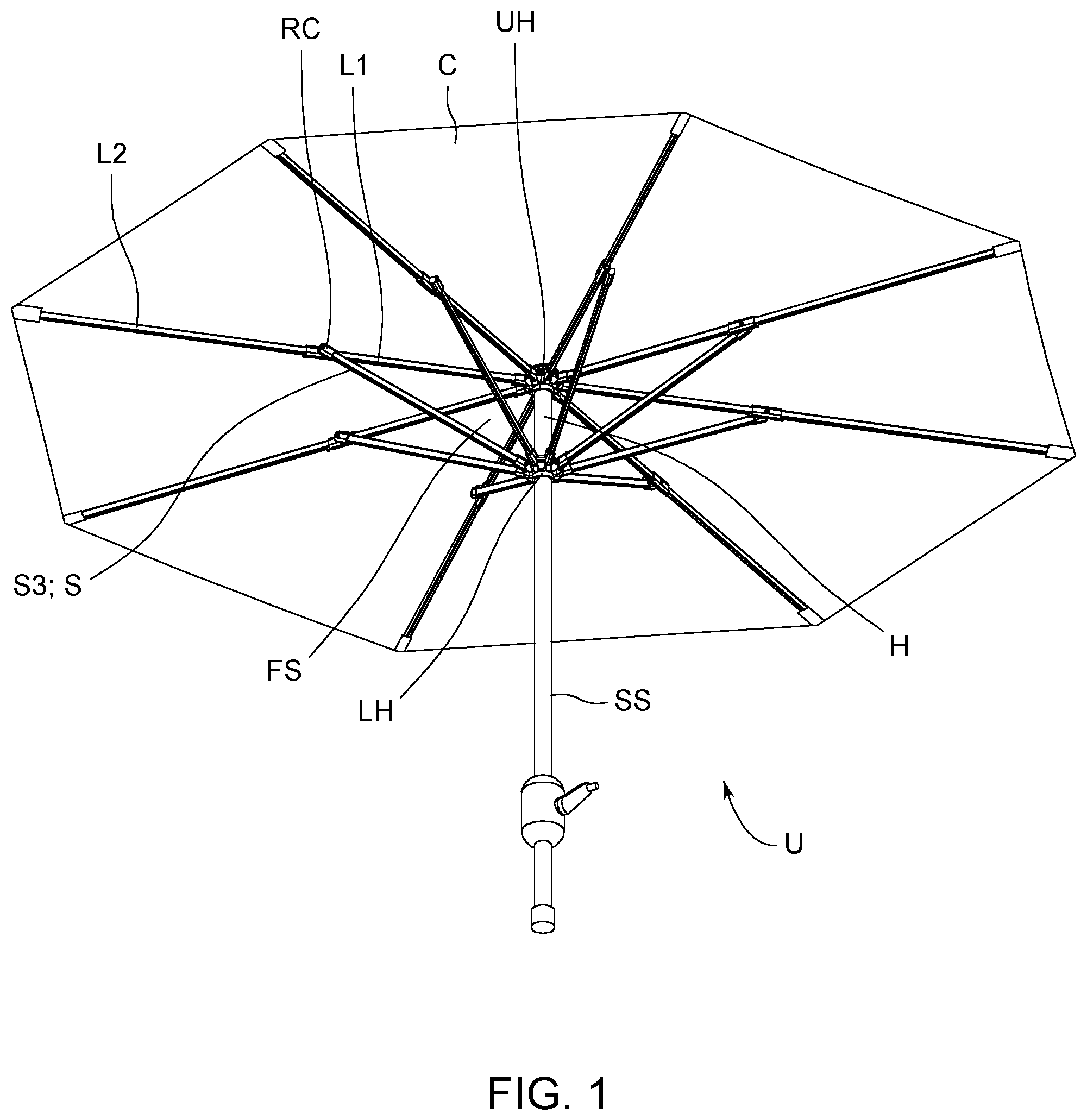 Patent US12376658 — Collapsible umbrella with quick connect rib sections — Figure 1
