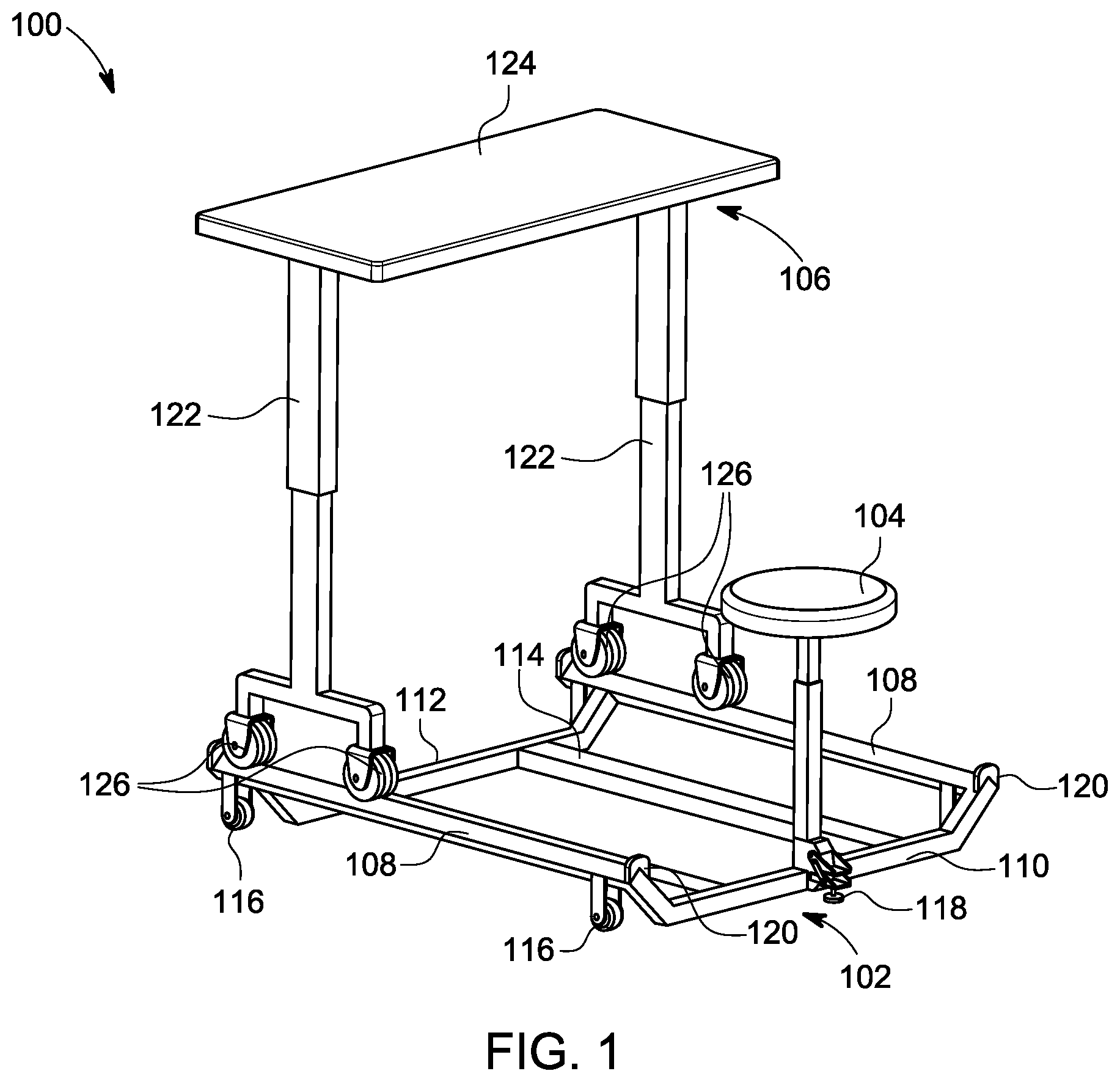 Patent US12376674 Figure 1 – Seat incorporated into desk platform