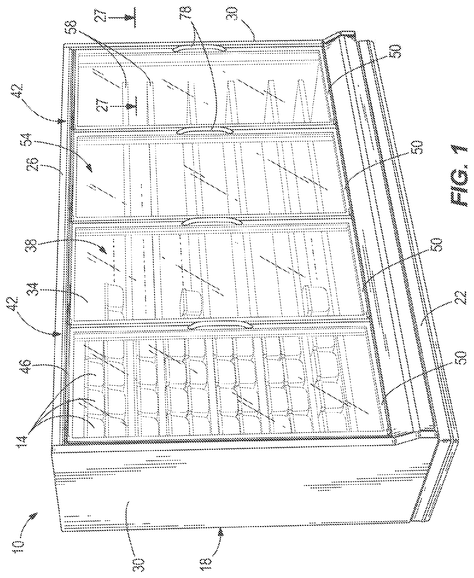 Patent US12376689 Figure 1 – Case frame and door assembly for a merchandiser