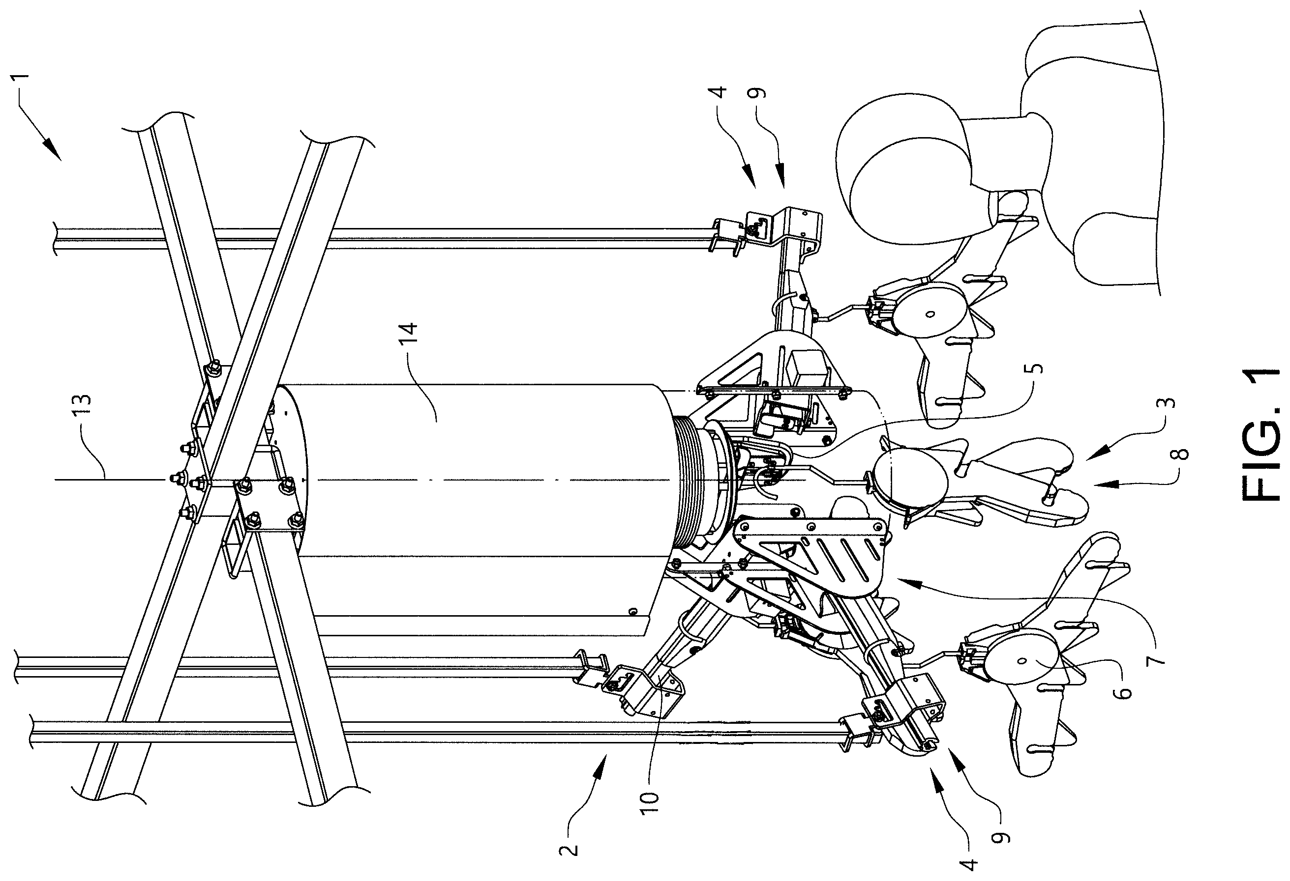 Patent US12376694 — Garment handling device, conveyor system, and method for positioning an empty garment hanger in an individual mounting position — Figure 1