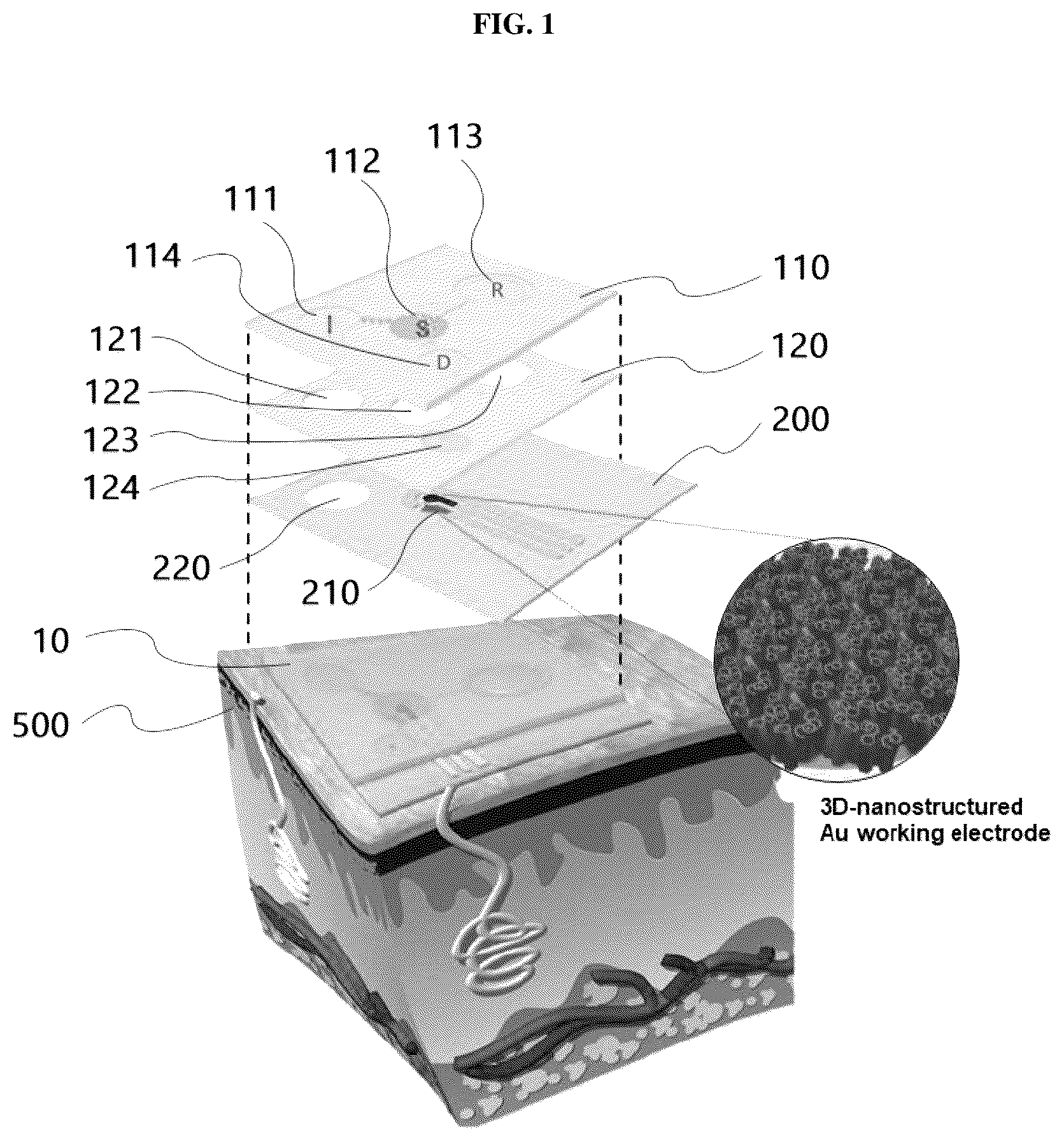 Patent US12376836 — Microfluidic device for detecting biomolecules in sweat and wearable biosensor patch using the same — Figure 1
