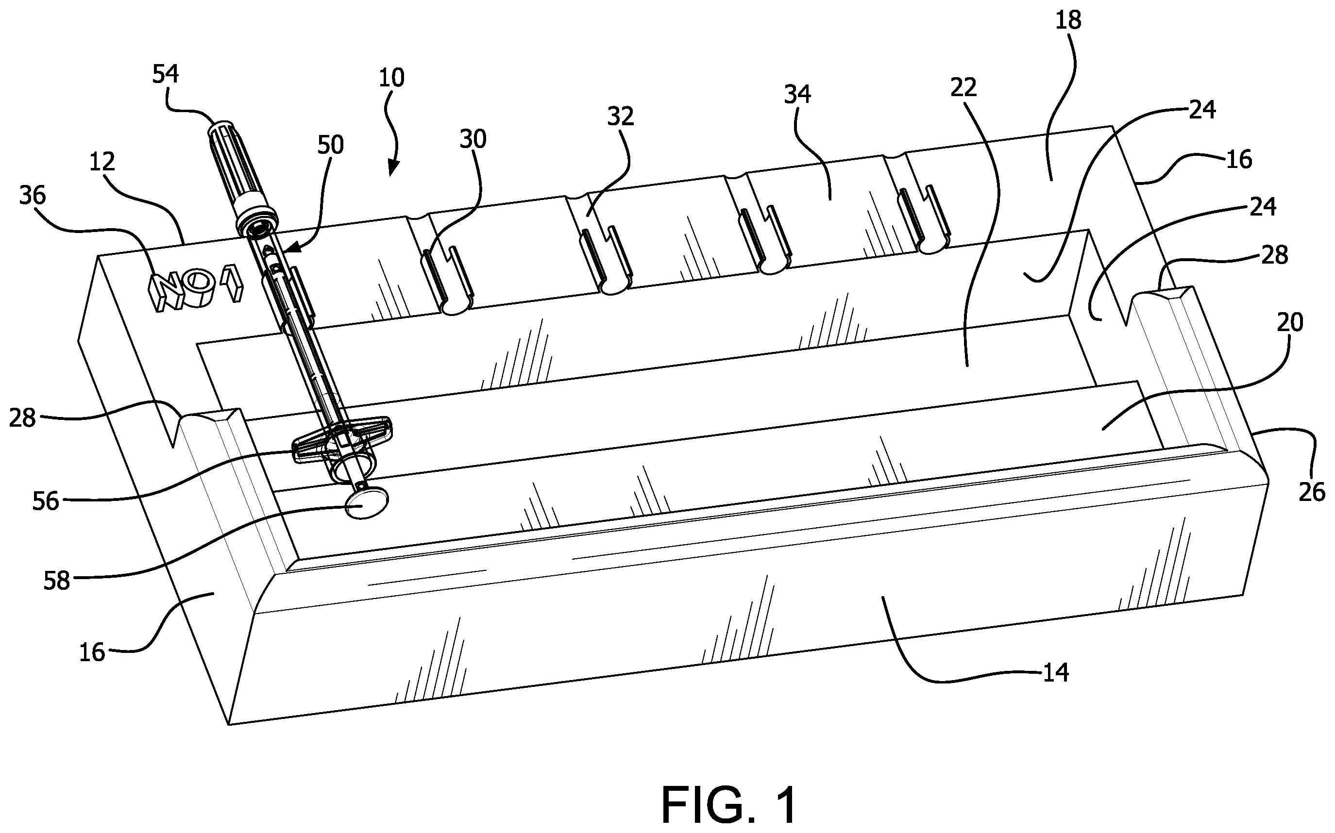 Patent US12377207 Figure 1 – Transportation tray for transportation of a filled syringe