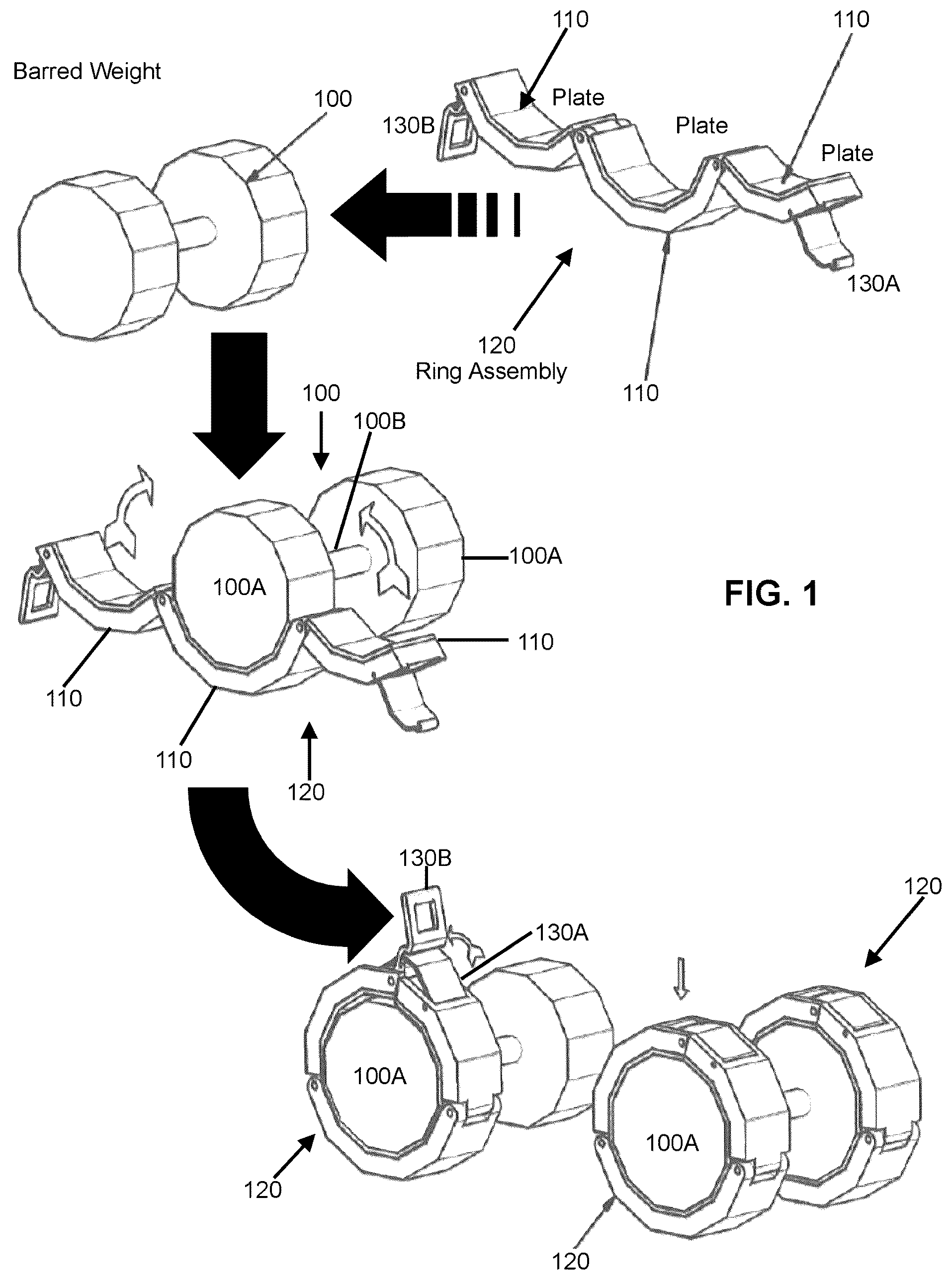 Patent US12377305 Figure 1 – Hingedly plated locking collar for retrofitting a barred weight