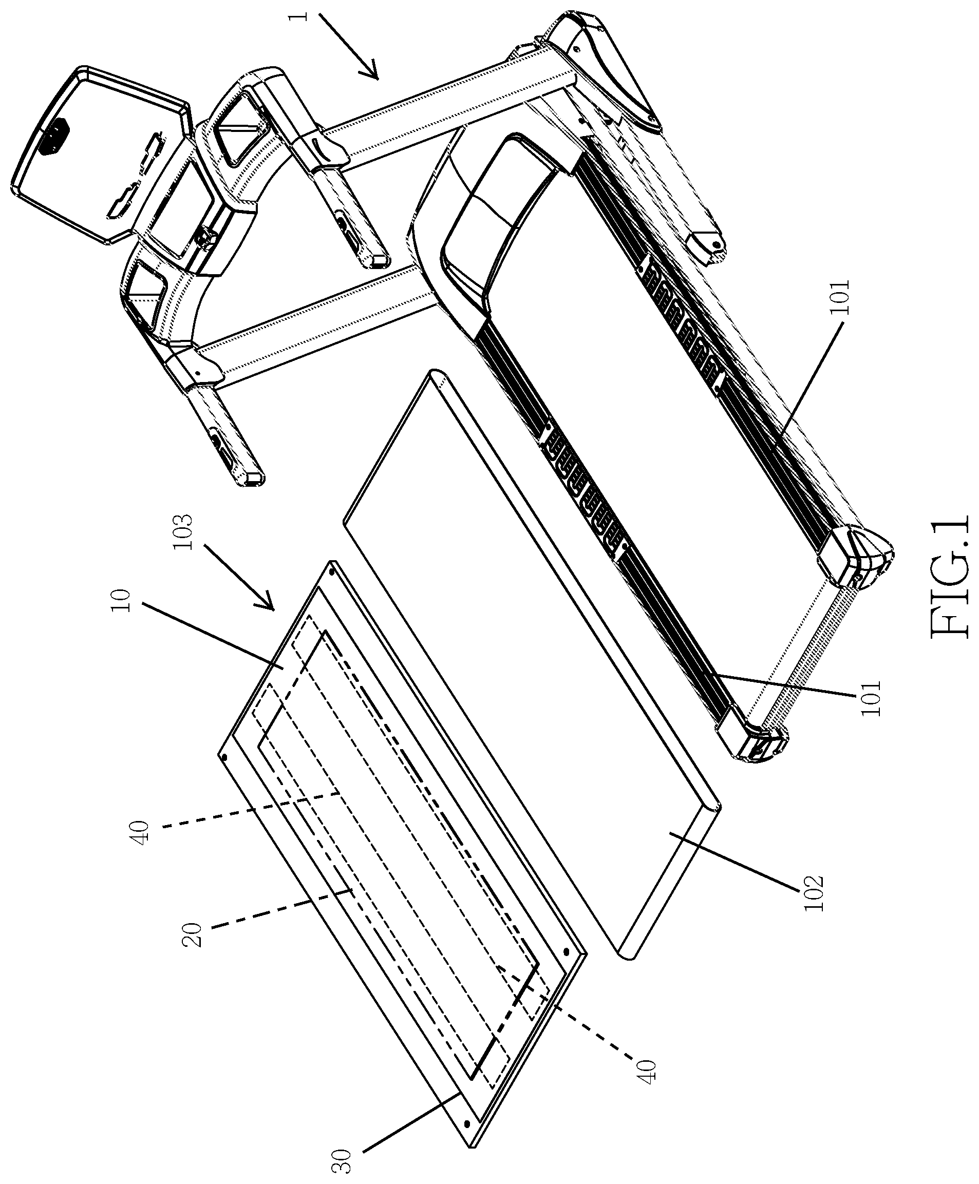 Patent US12377311 — Treadmill having soft walking board assembly with functions of heat dissipation, shock absorption, and wear resistance — Figure 1