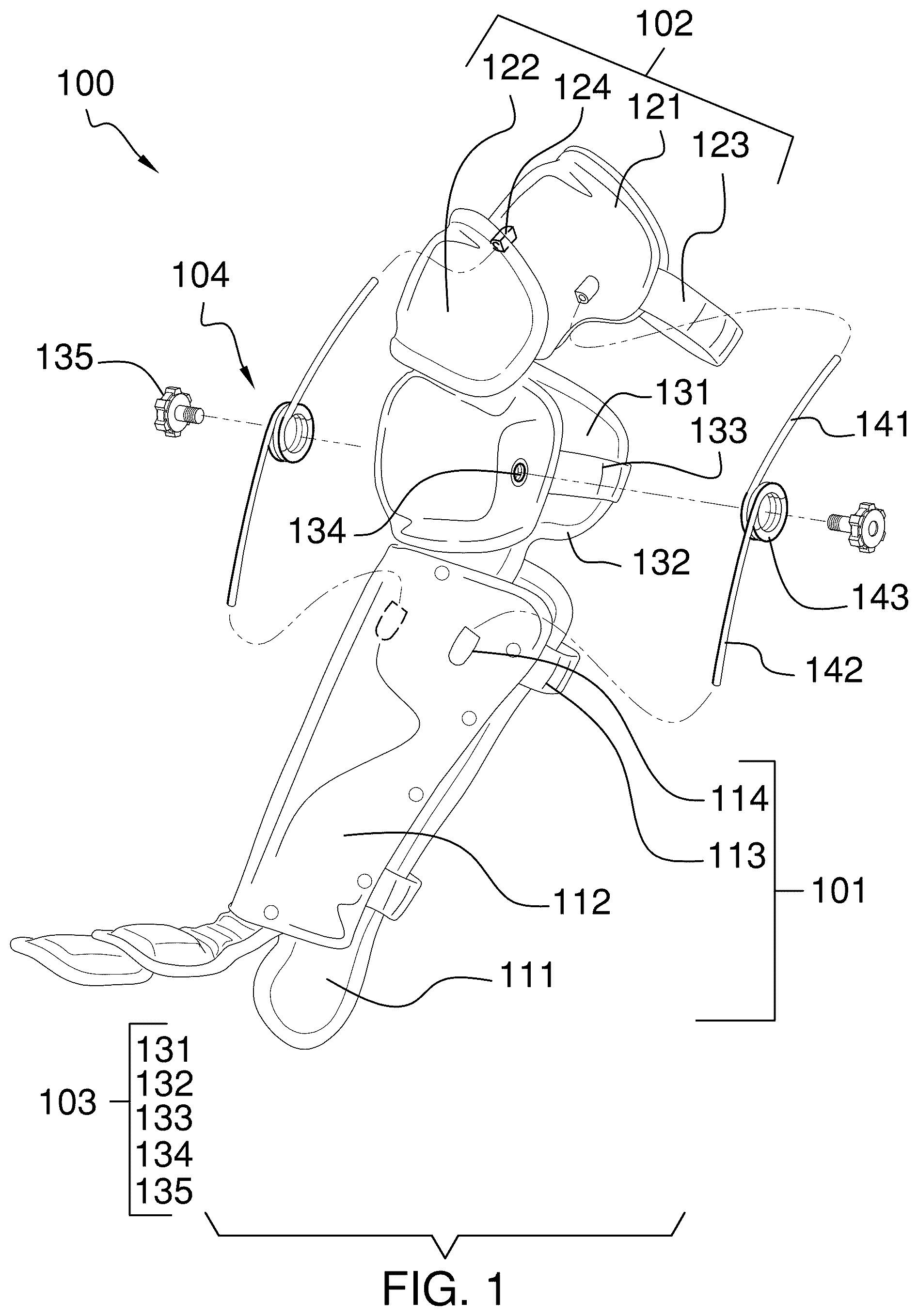 Patent US12377339 — Shin guard with a spring biased knee joint — Figure 1